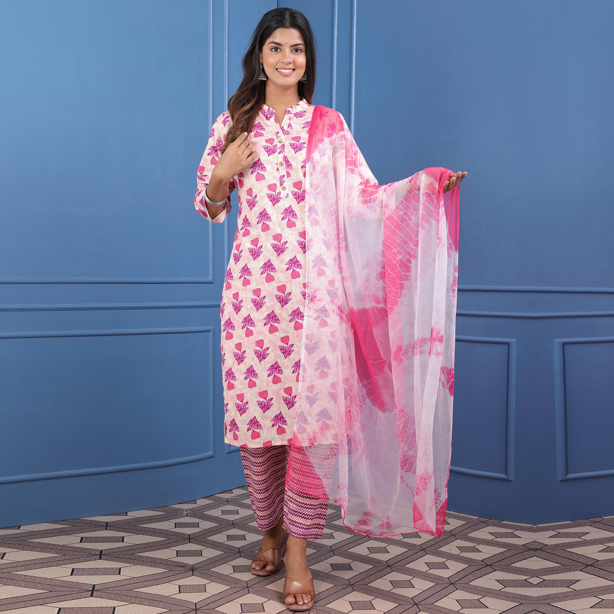 Cream Pink Floral Printed Pure Cotton Suit