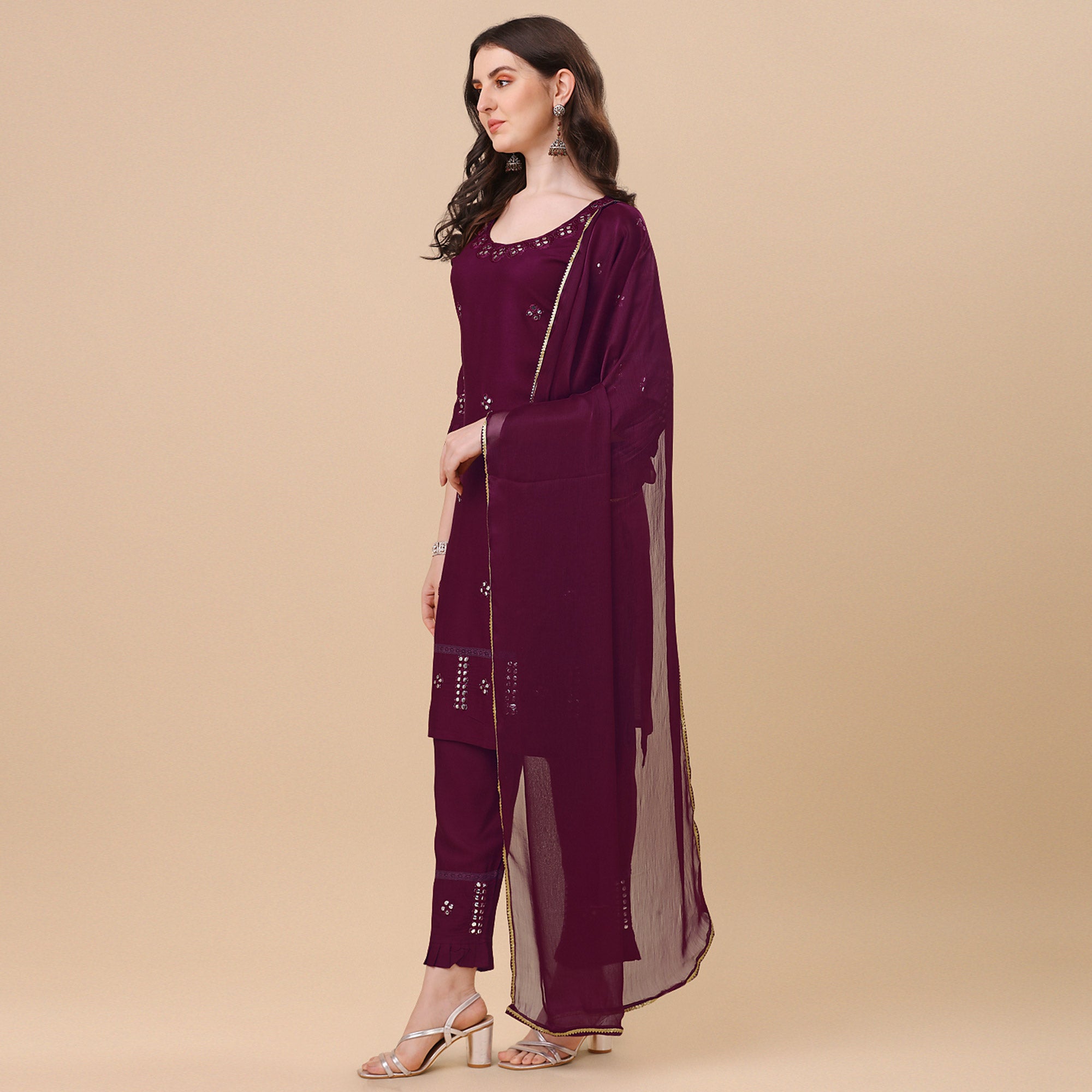 Wine Embroidered Rayon Salwar Suit