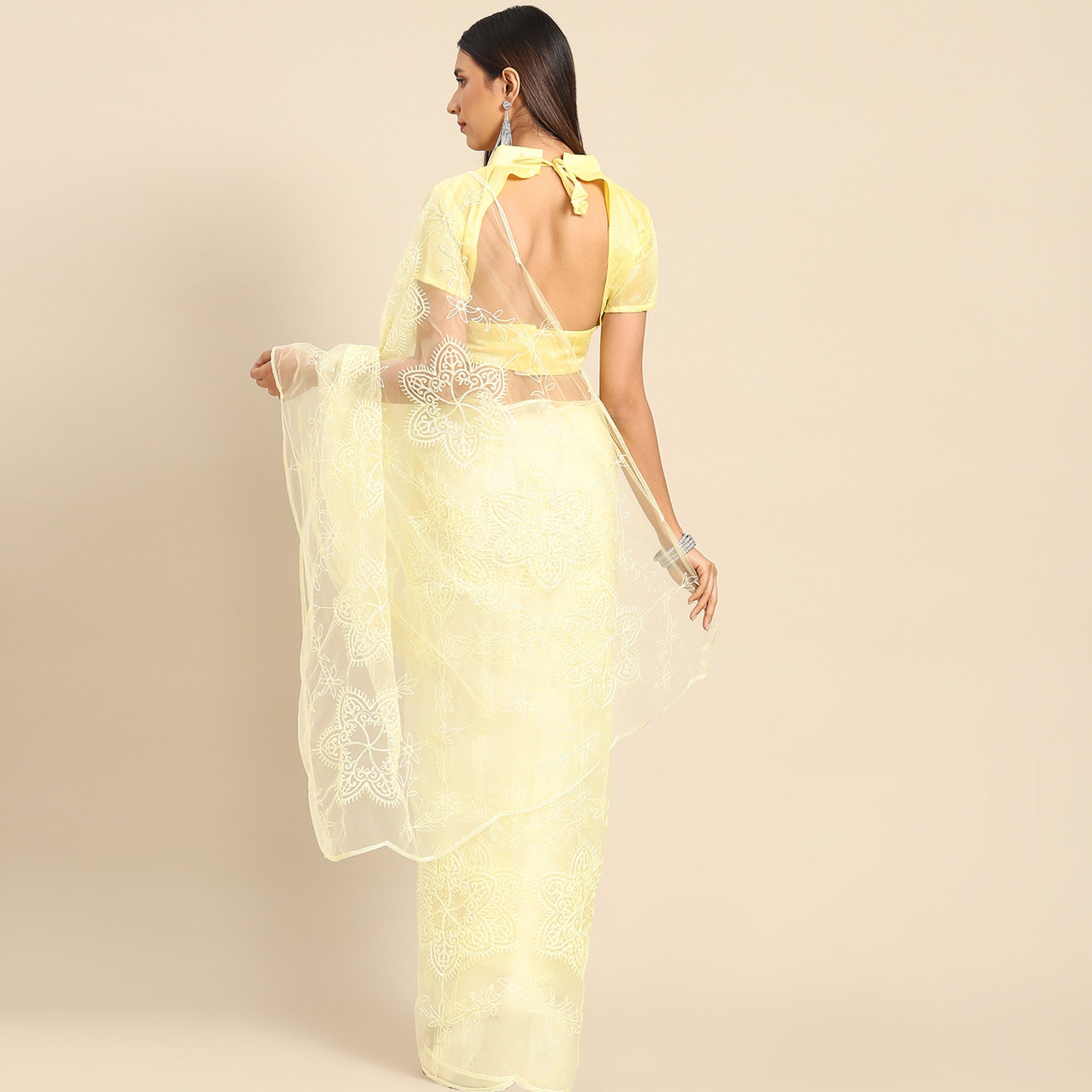 Yellow Floral Embroidered Net Saree