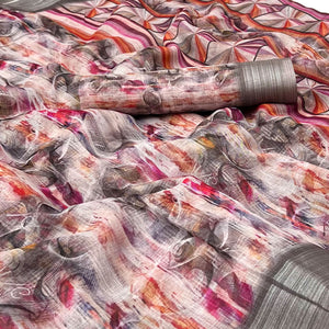 Multicolor Digital Printed Linen Saree