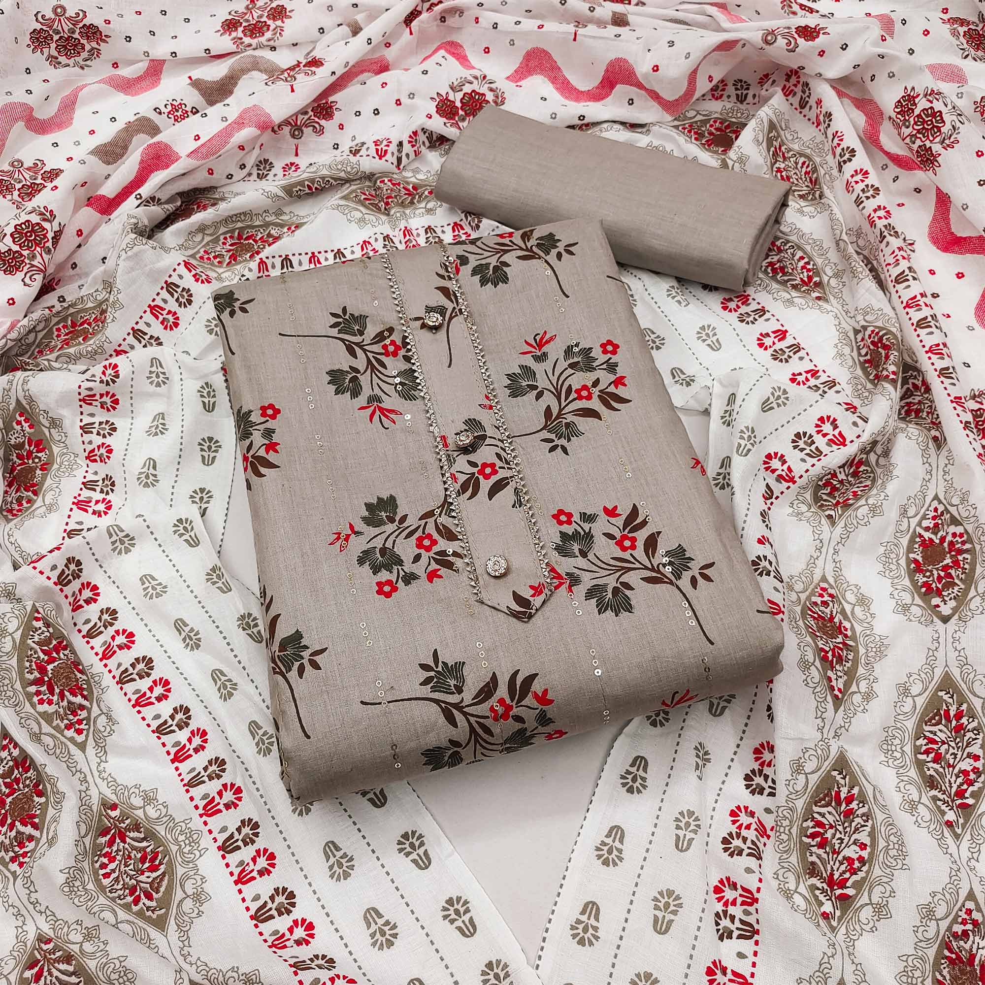 Grey Floral Printed With Embroidered Pure Cotton Dress Material