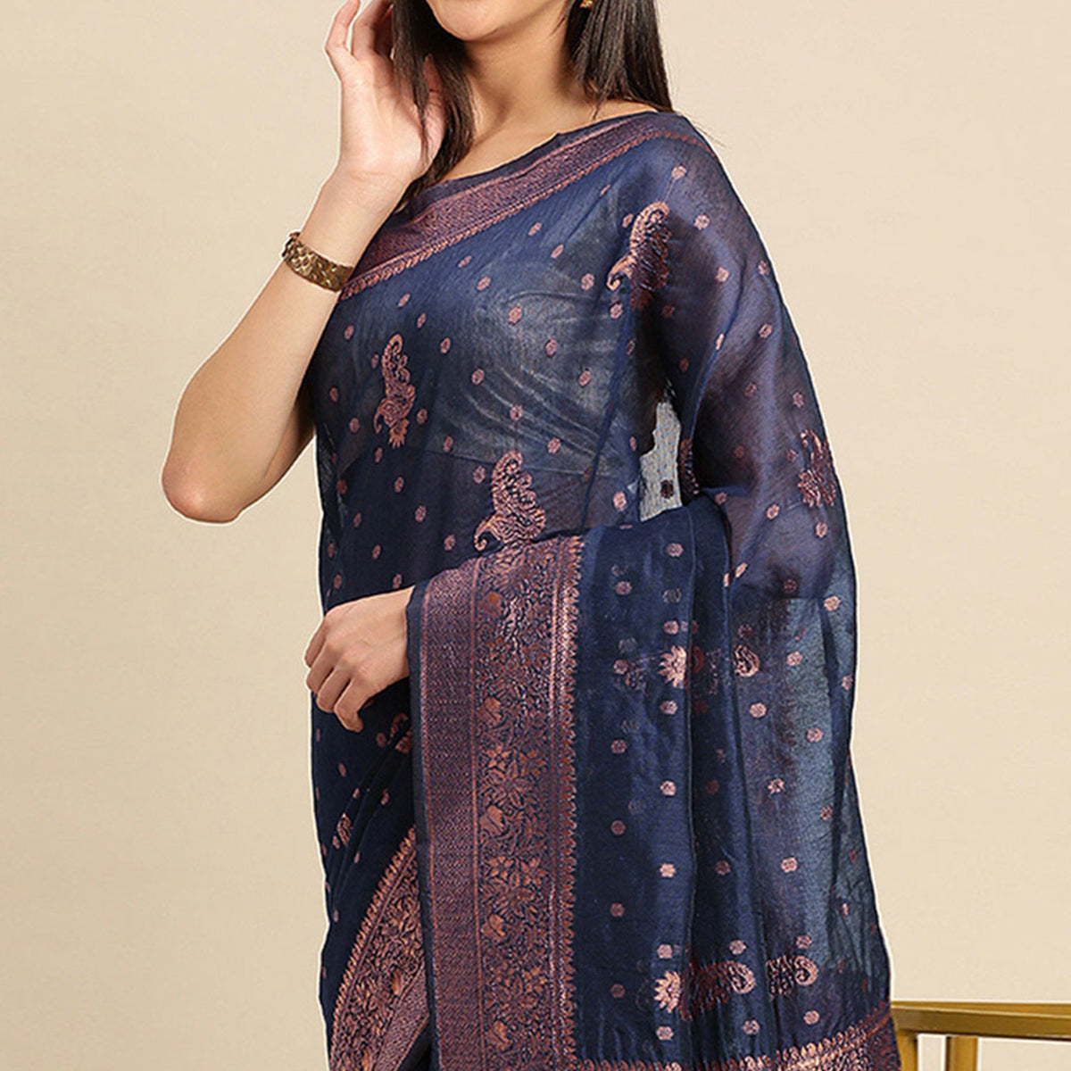 Navy Blue Woven Organza Saree