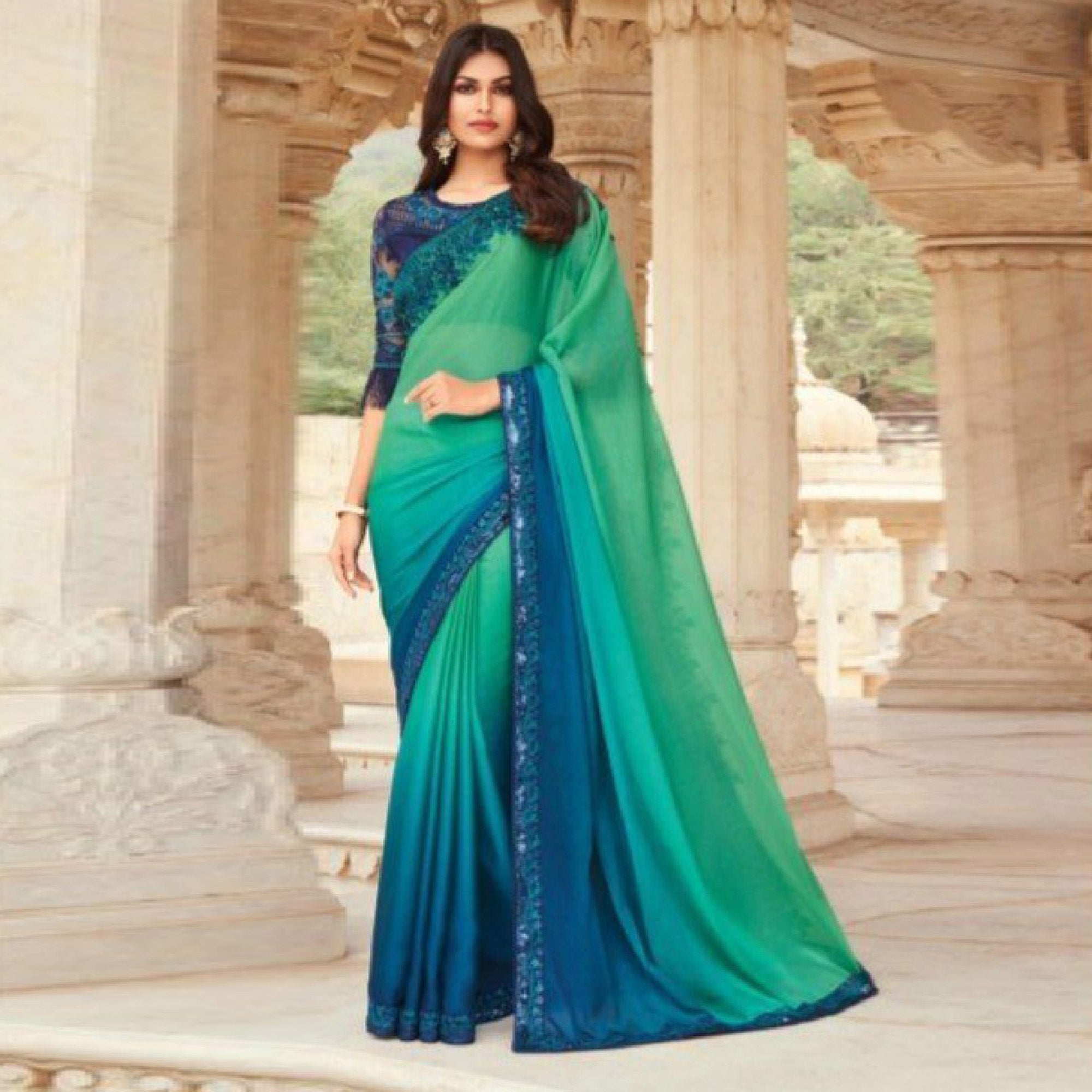 Blue & Aqua Green Embroidered Art Silk Saree