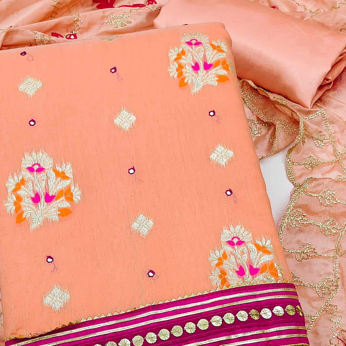 Peach Floral Woven Banarasi Silk Dress Material