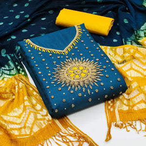 Blue Pearl Handwork Cotton Slub Dress Material