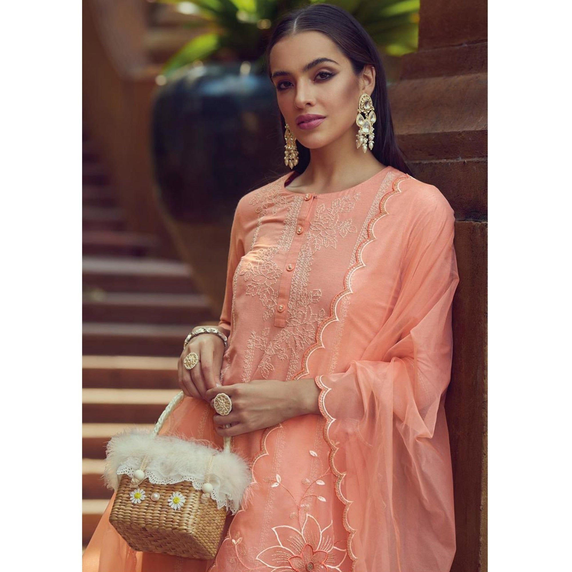 Peach Kantha Embroidered Linen Salwar Suit
