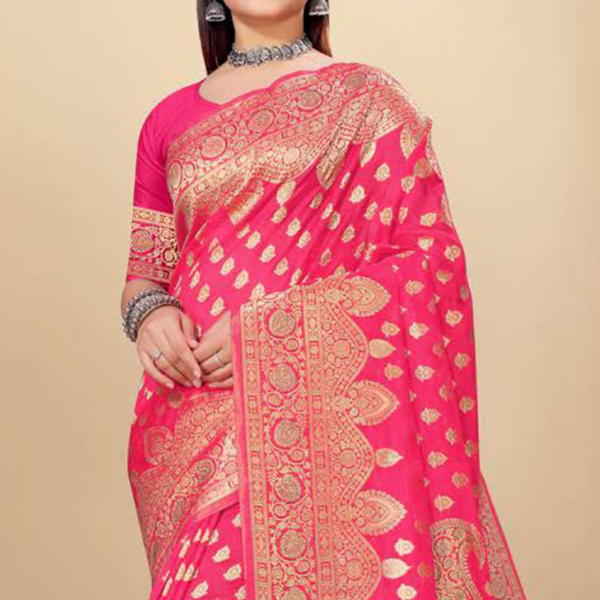 Pink Woven Art Silk Saree With Tassels