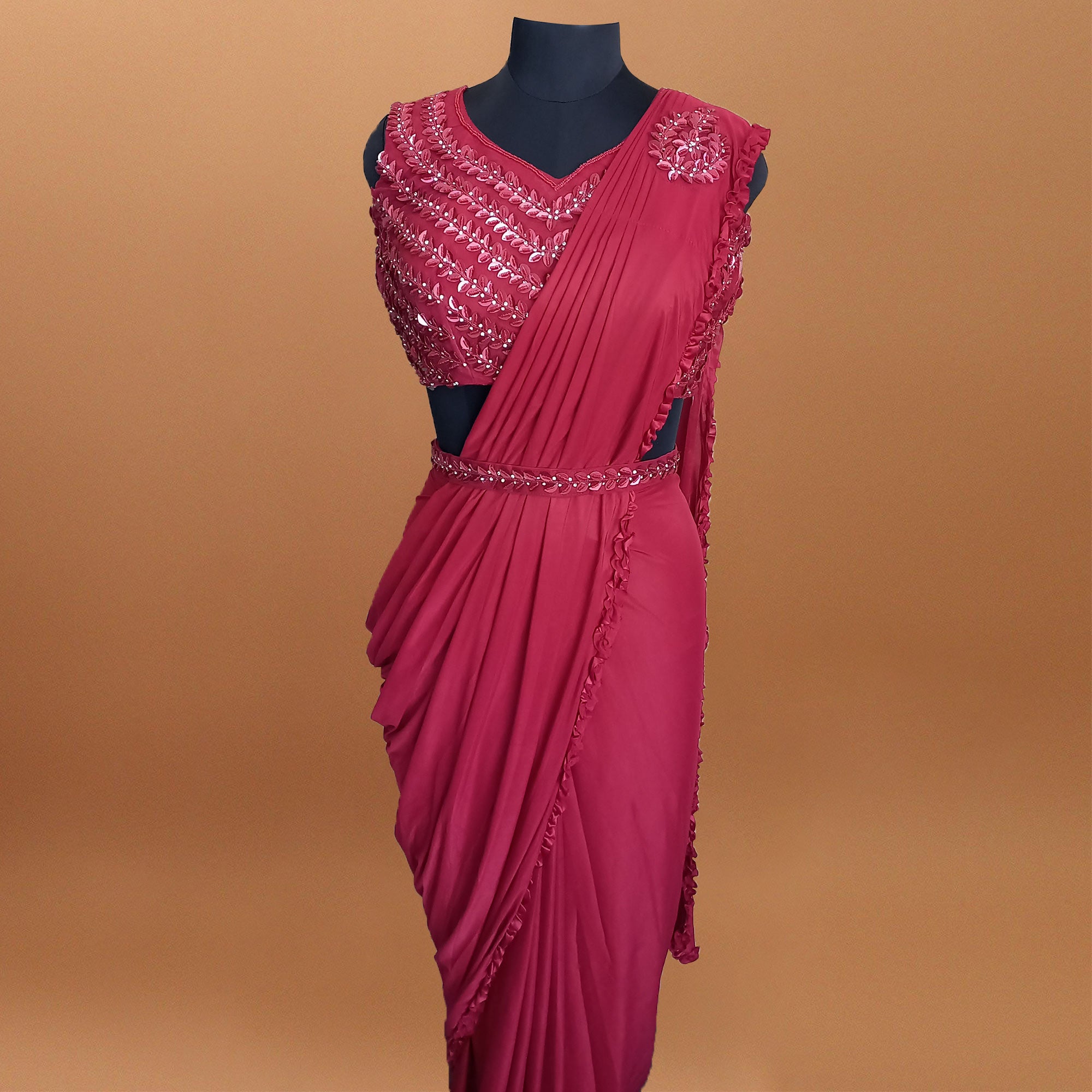 Pink Floral With Solid Ready to Wear Lycra Saree