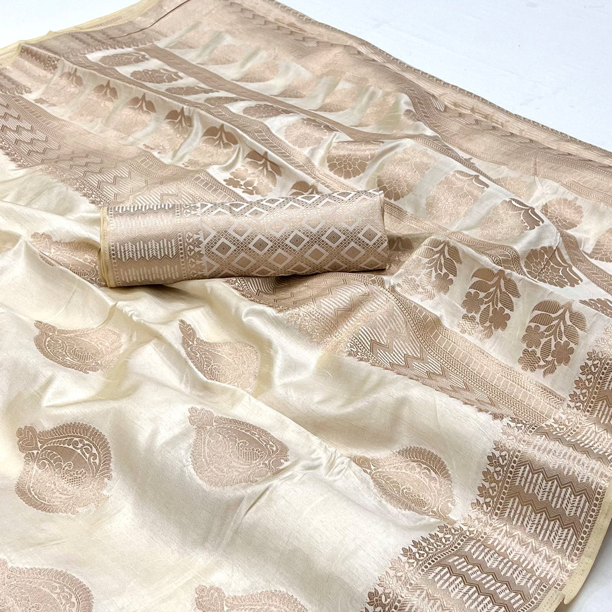 Cream Woven Raw Silk Saree