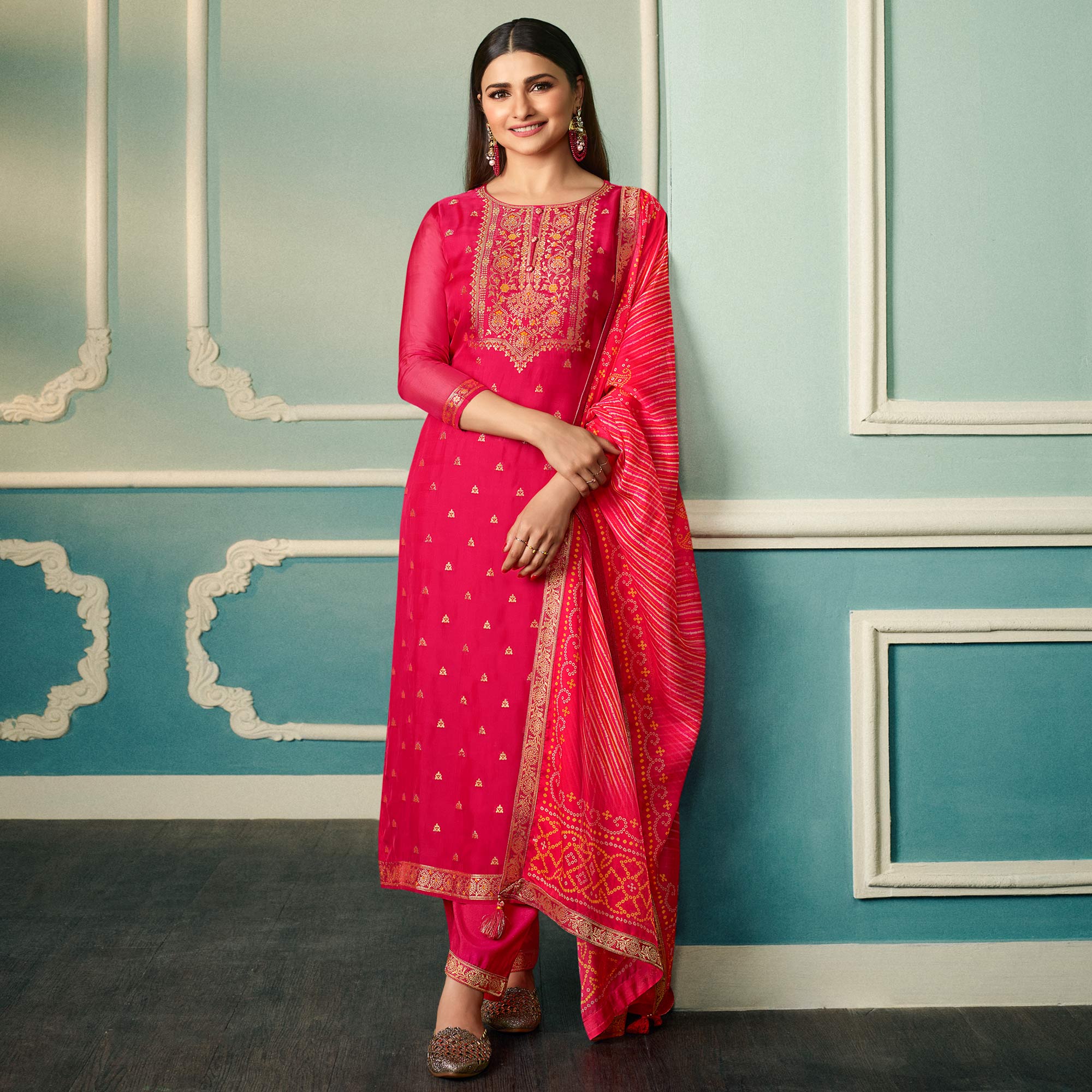 Pink Floral Woven Organza Salwar Suit