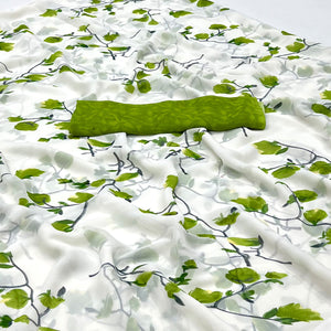 White Olive Green Floral Printed Georgette Saree