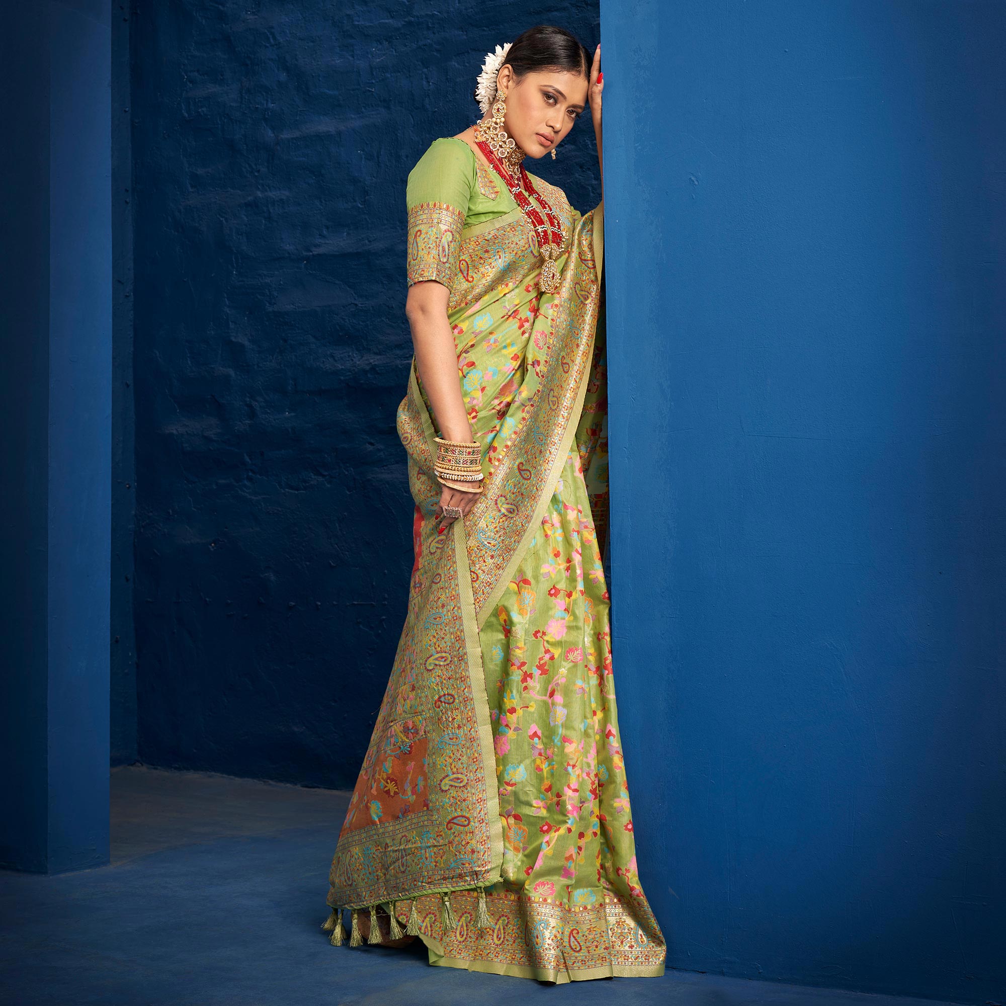 Green Woven Art Silk Saree With Tassels