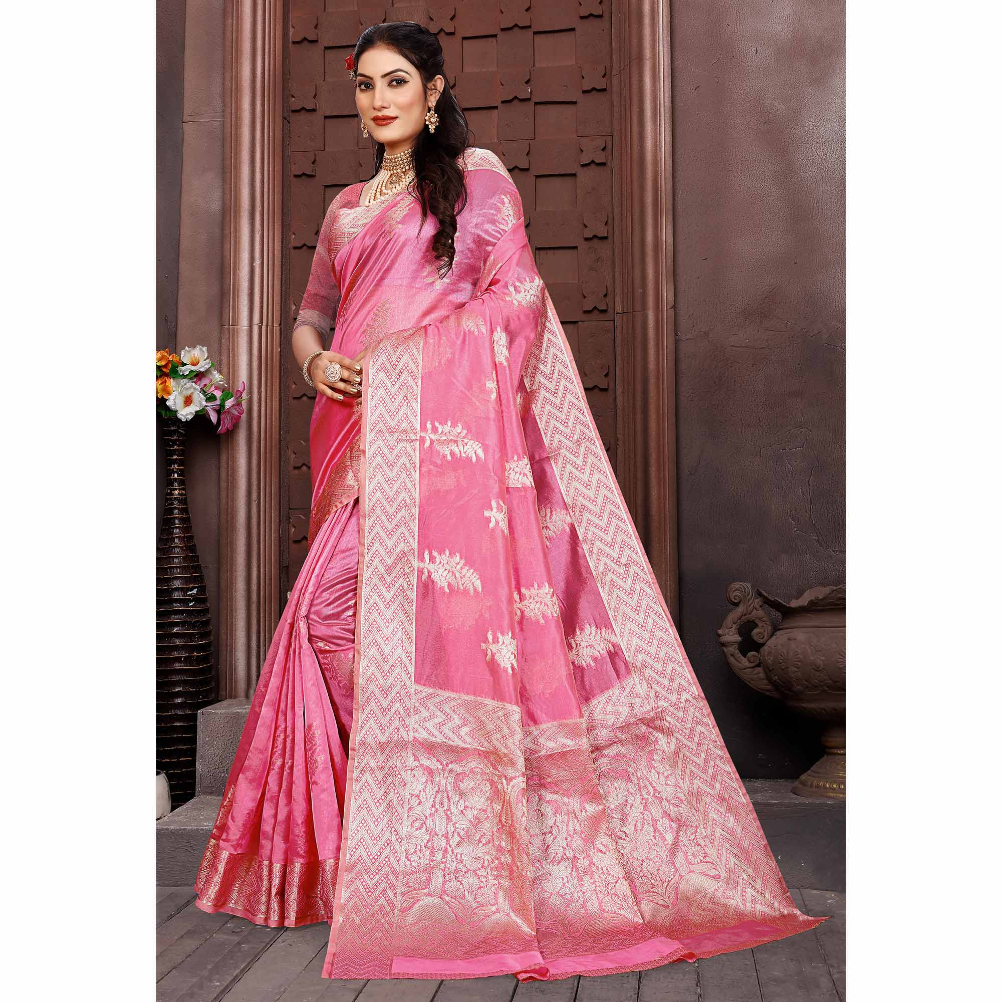 Pink Floral Woven Organza Saree