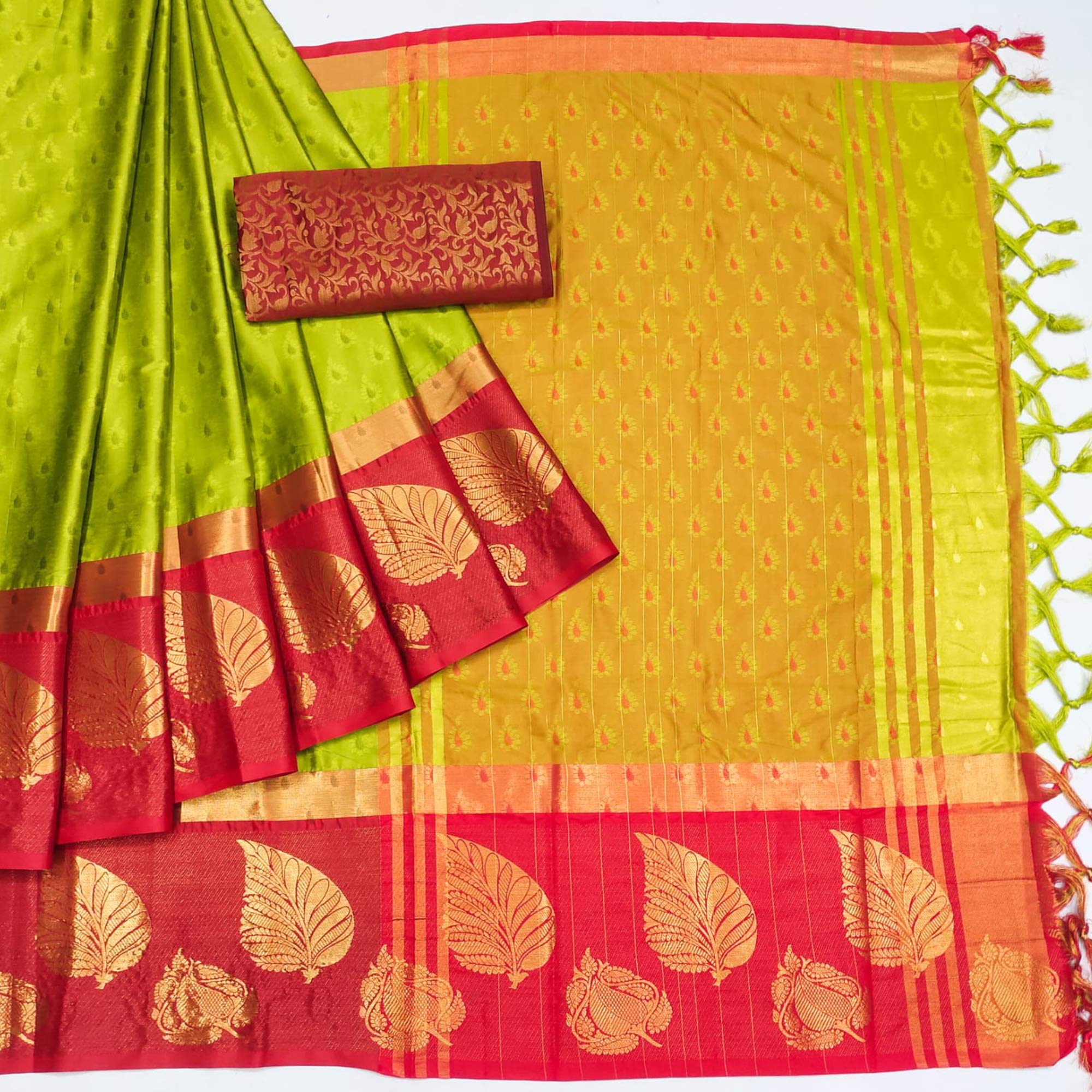 Lemon Green & Red Woven Cotton Silk Saree With Tassels