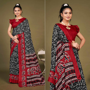 Black Printed Jute Saree With Tassels