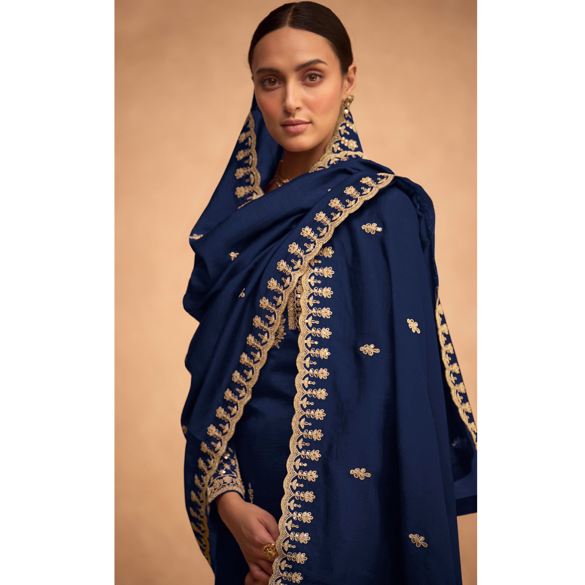 Blue Sequins Embroidered Georgette Palazzo Suit