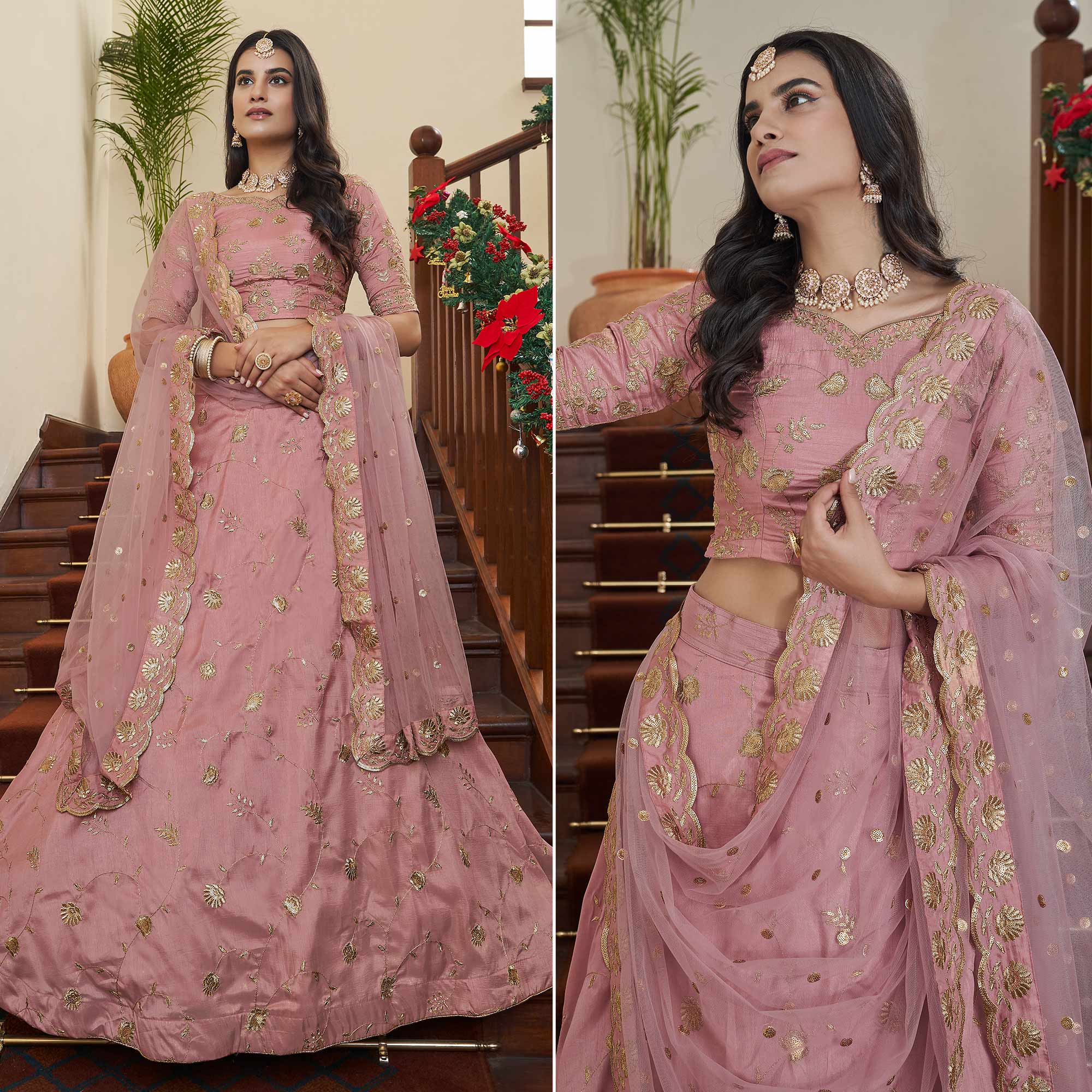 Peach Sequins Embroidered Art Silk Lehenga Choli