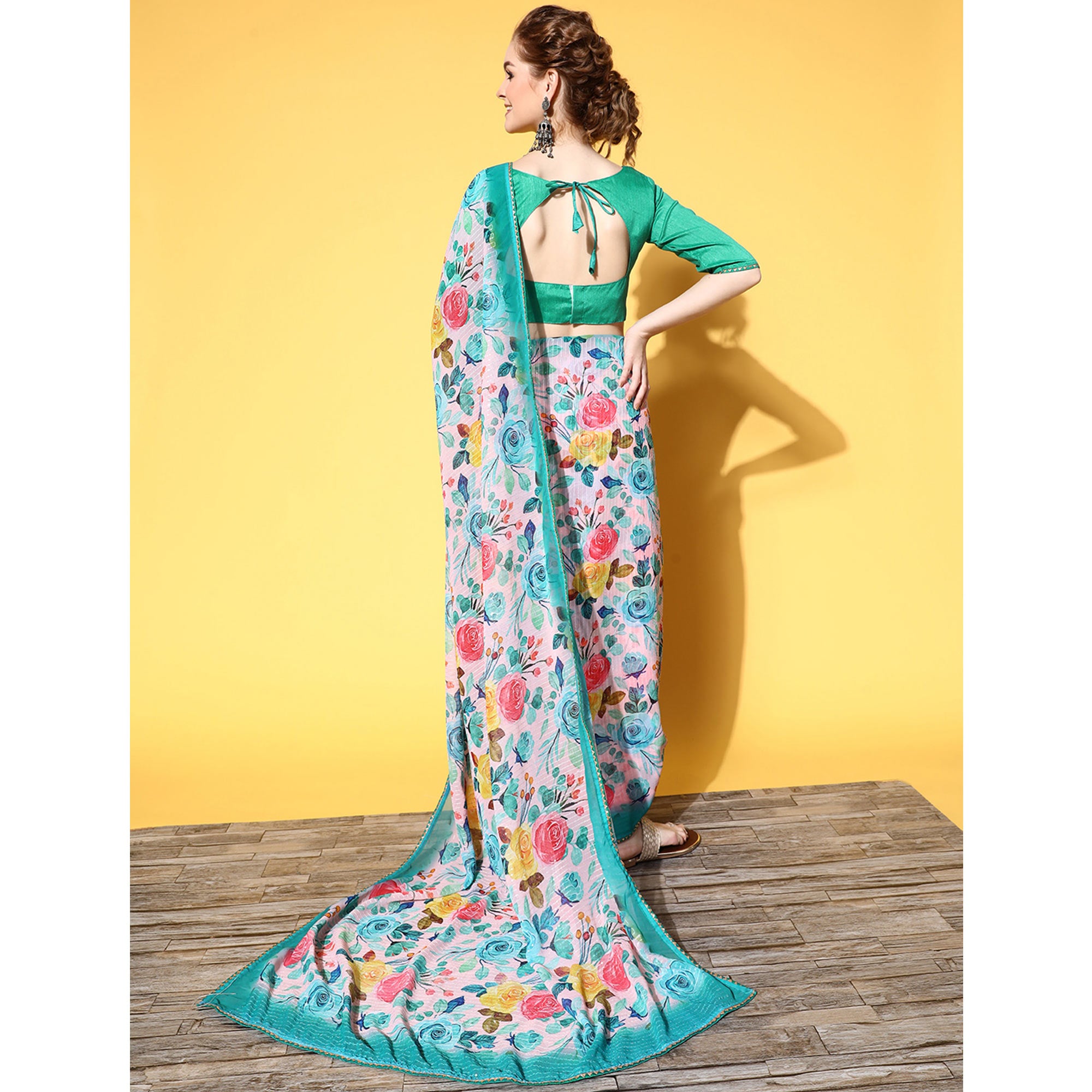 Blue Floral Printed With Sequins Embroidered Georgette Saree