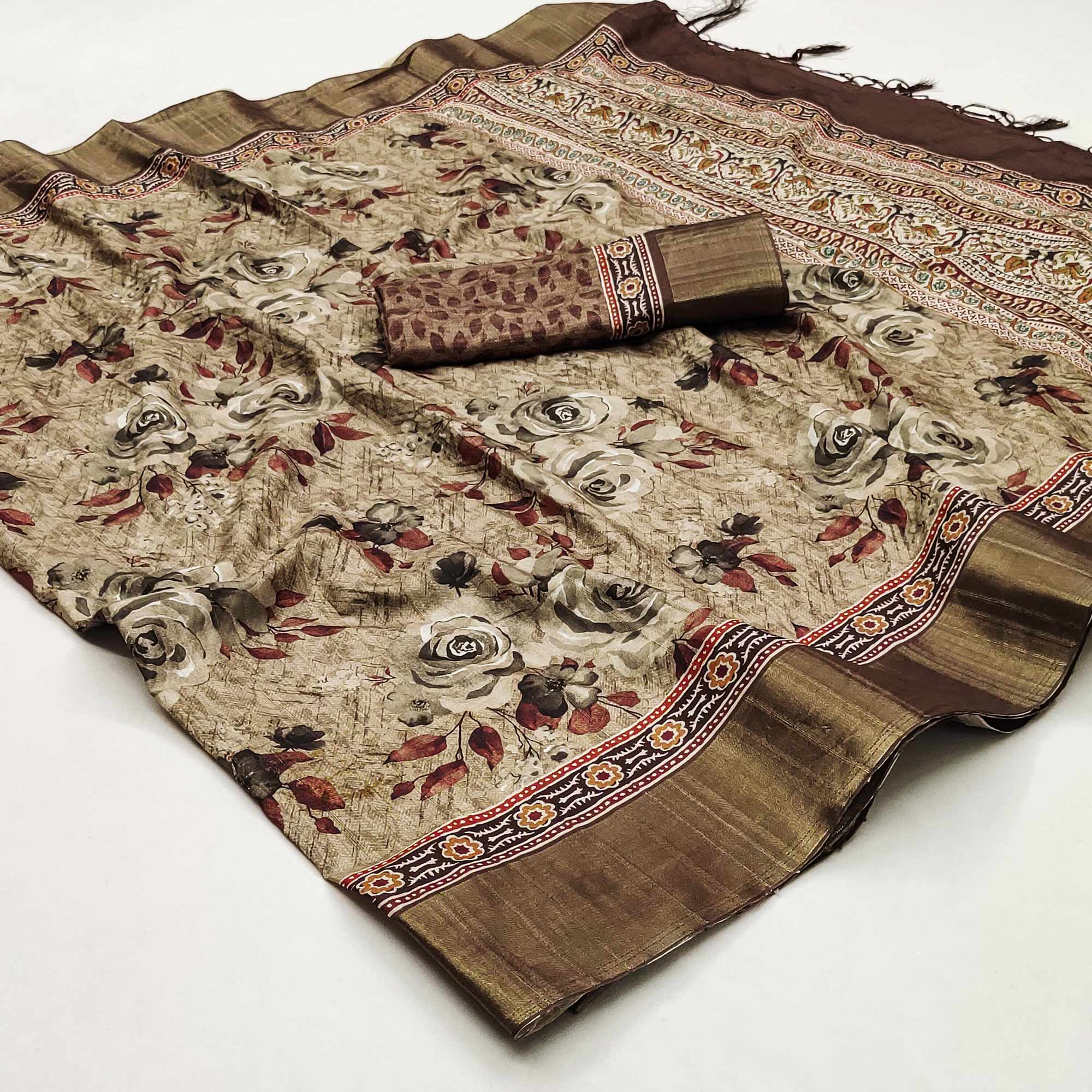 Light Brown Floral Printed Matka Tussar Saree With Tassels