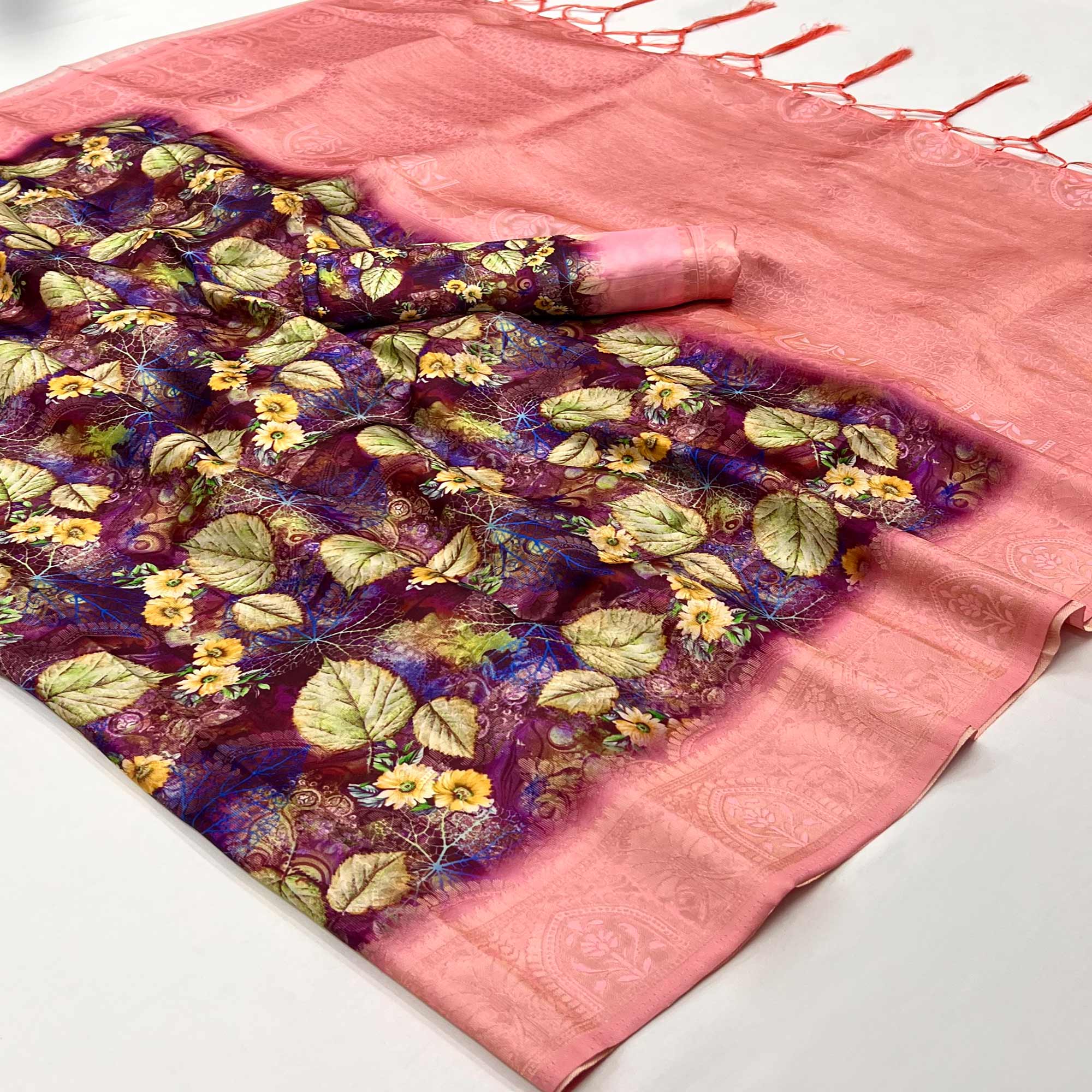 Purple & PInk Floral Digital Printed Jacquard Saree