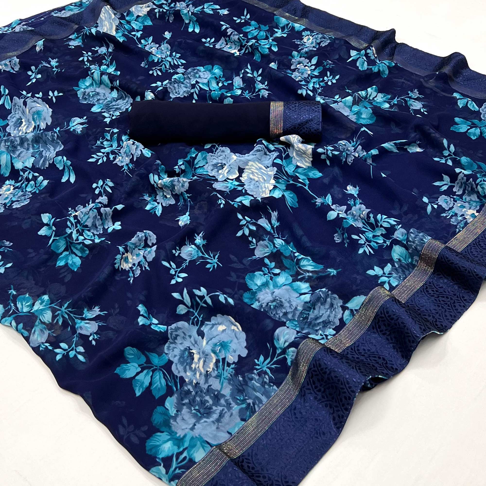 Navy Blue Floral Printed Georgette Saree