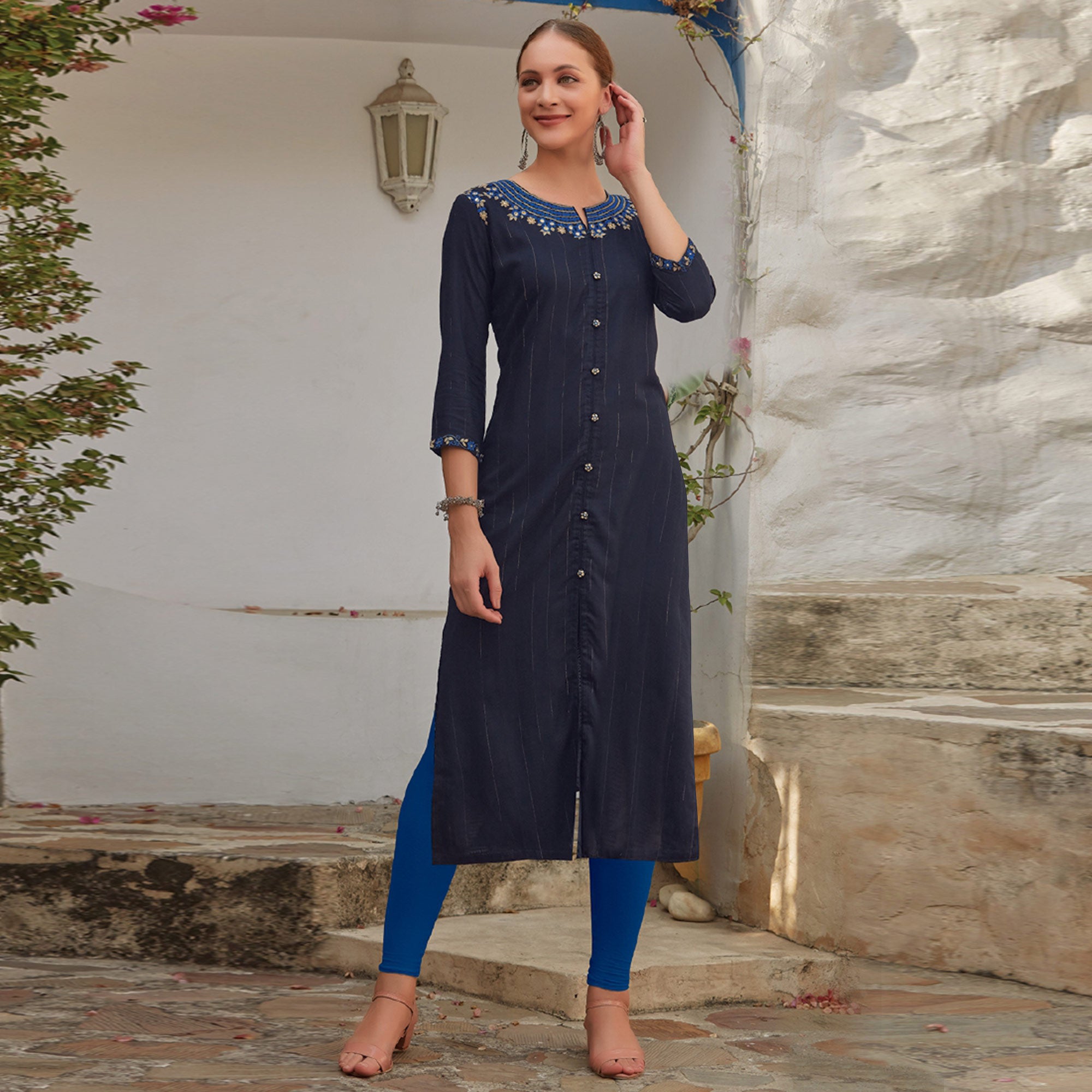 Navy Blue Floral Embroidered Cotton Blend Kurti