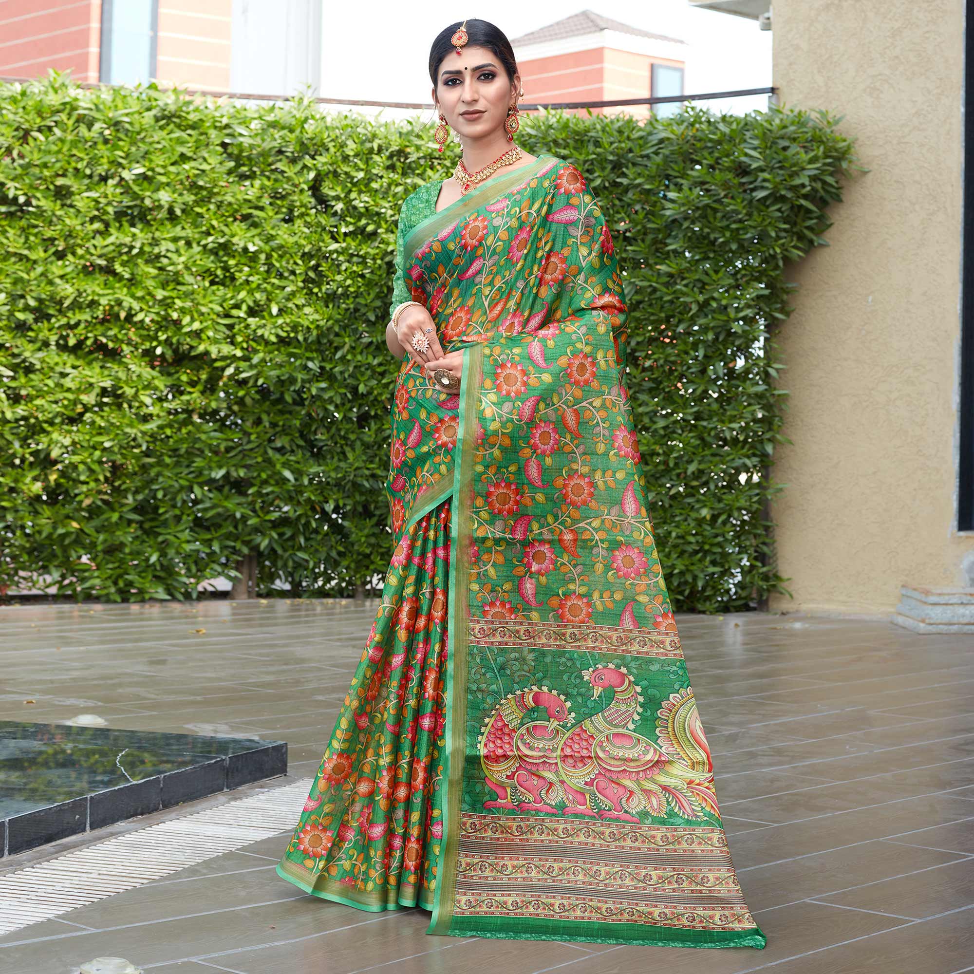 Green Floral Digital Printed Cotton Silk Saree