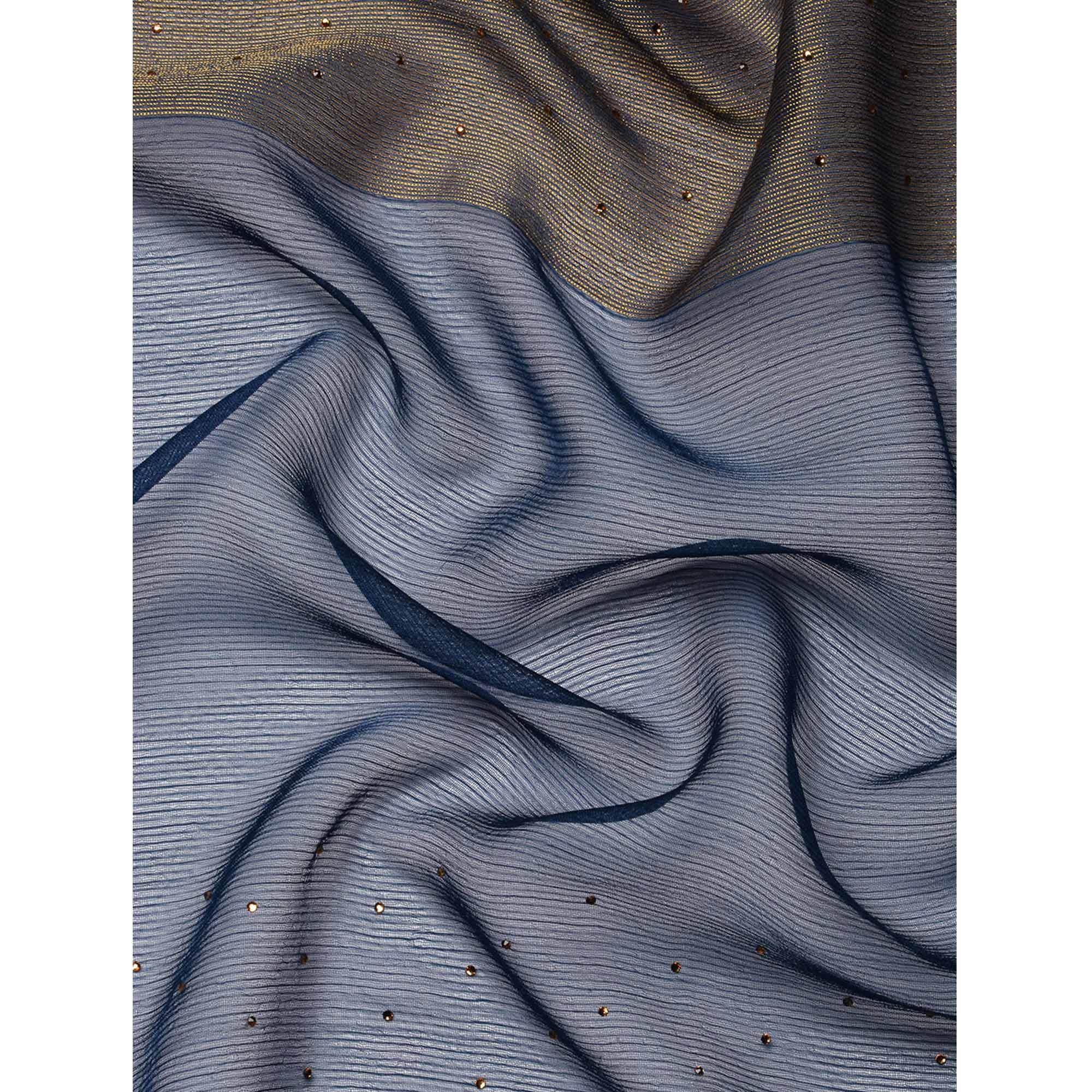 Blue Embroidered With Swarovski Work Viscose Saree