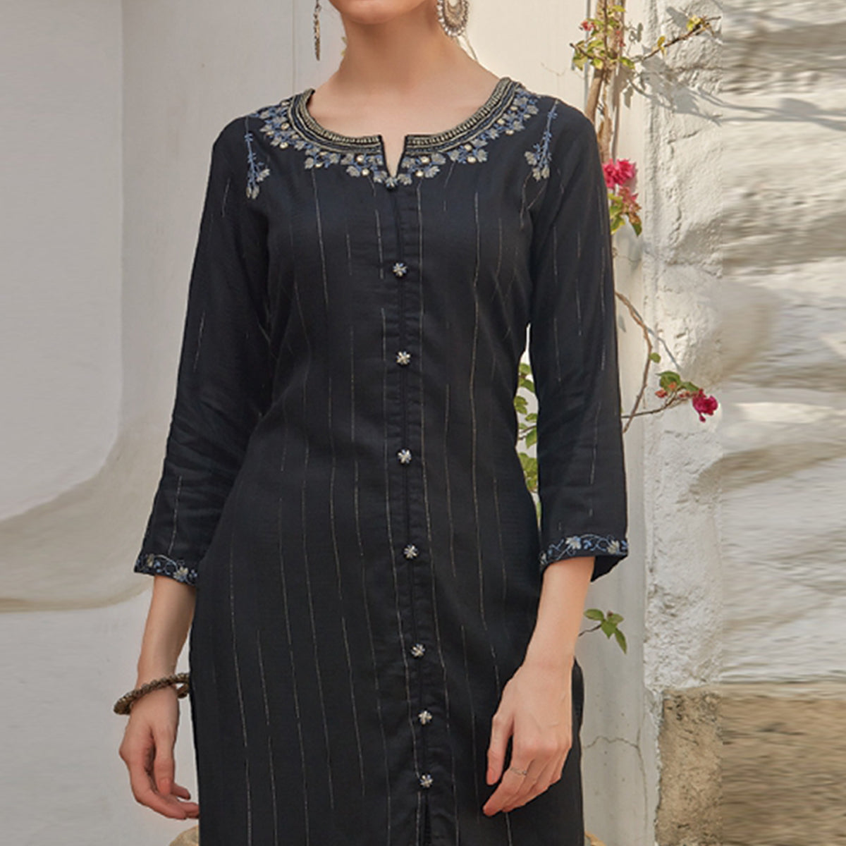 Black Floral Embroidered Cotton Blend Kurti