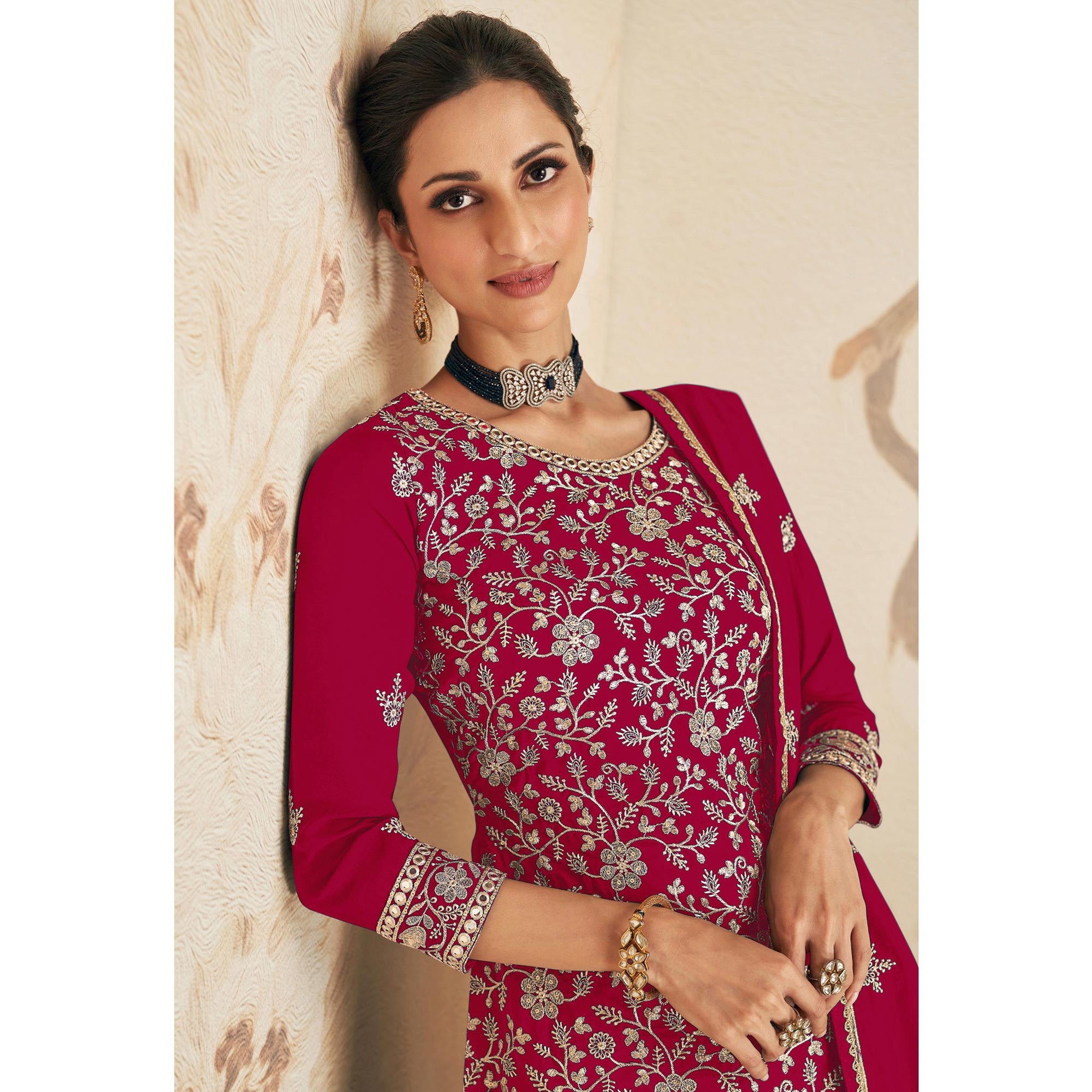 Red Sequins Embroidered Georgette Semi Stitched Sharara Suit