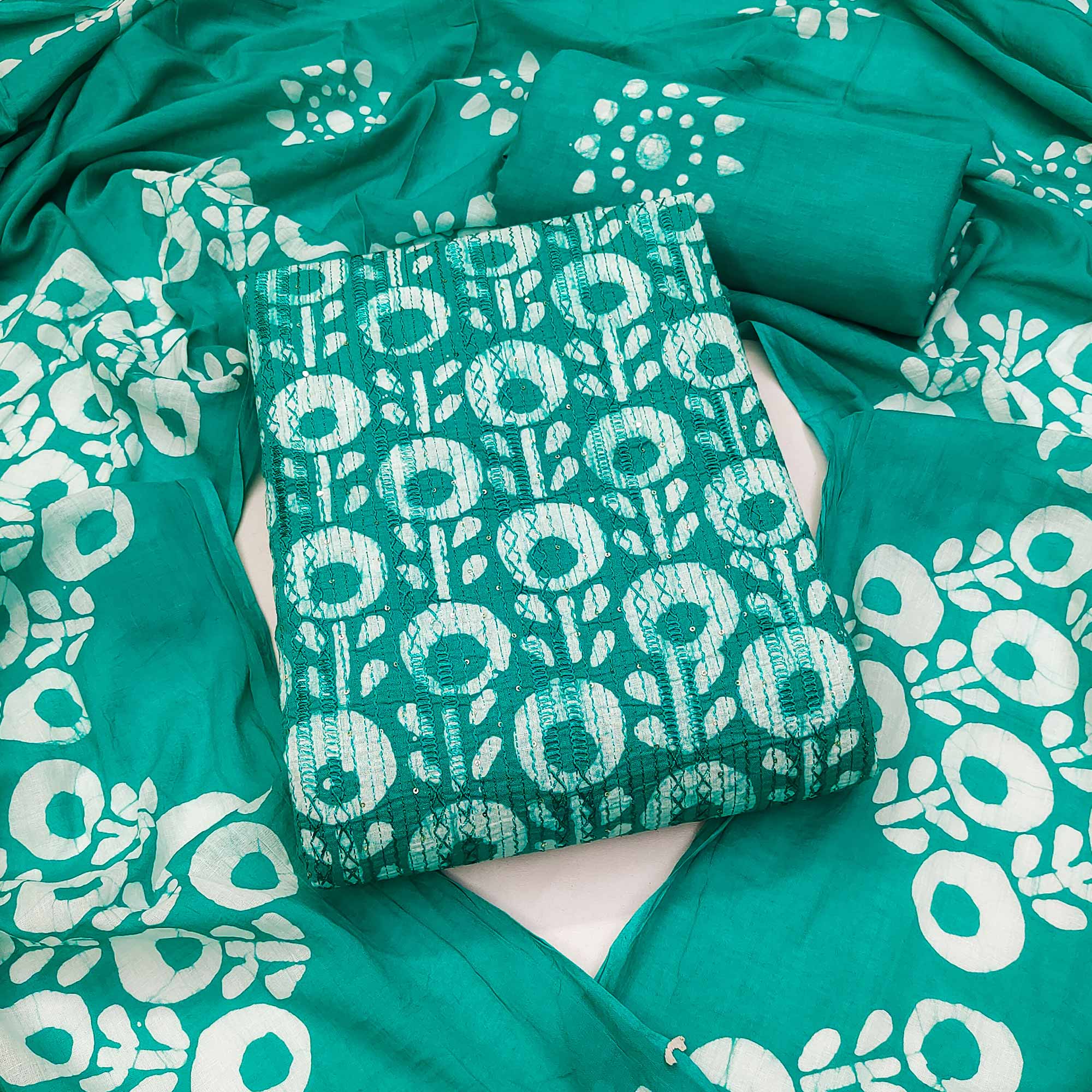 Turquoise Printed & Embroidered Pure Cotton Dress Material