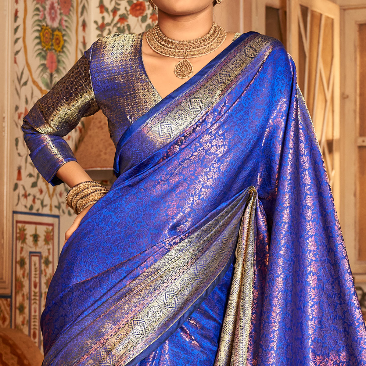 Blue Floral Woven Kanjivaram Silk Saree