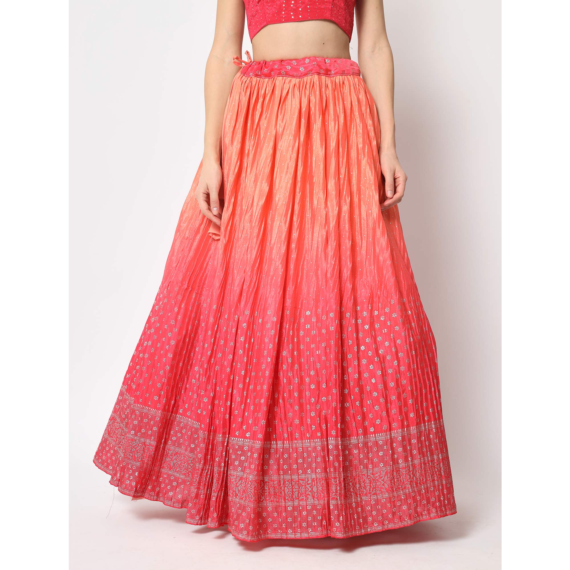 Peach & Pink Foil Printed Chiffon Lehenga Choli