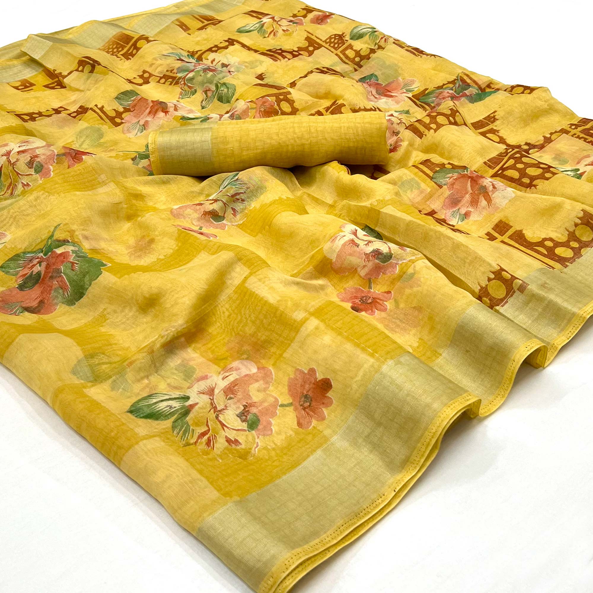 Yellow Floral Printed Linen Saree