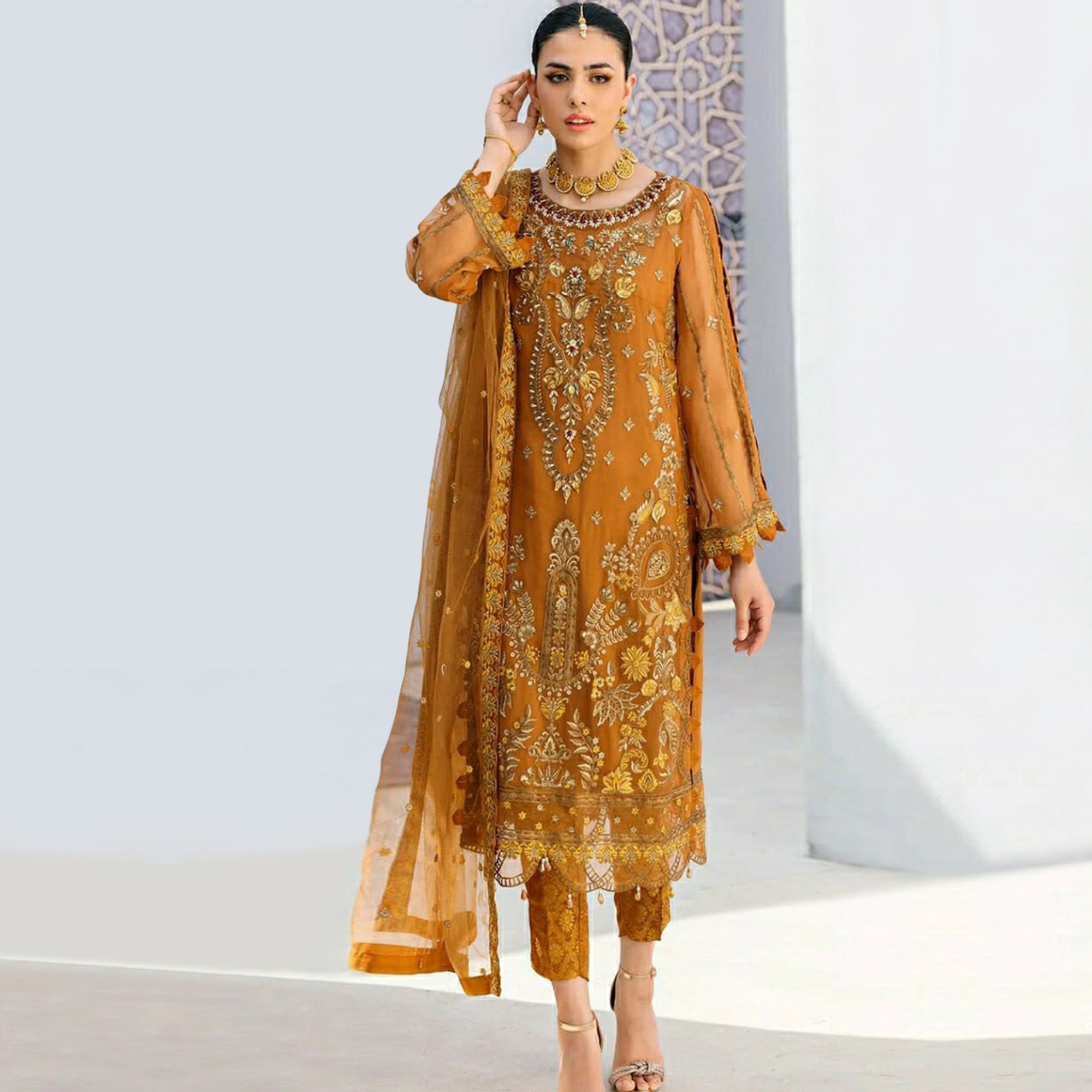 Mustard Heavy Embroidered Georgette Pakistani Suit