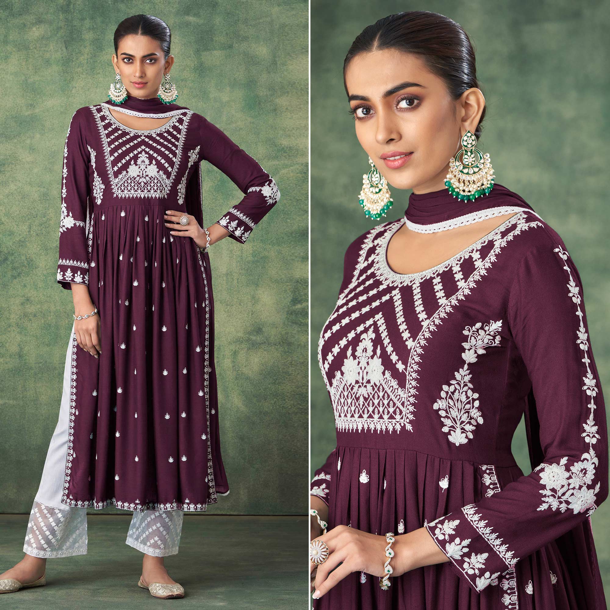 Wine Lucknowi Work Rayon Naira Cut Palazzo Suit