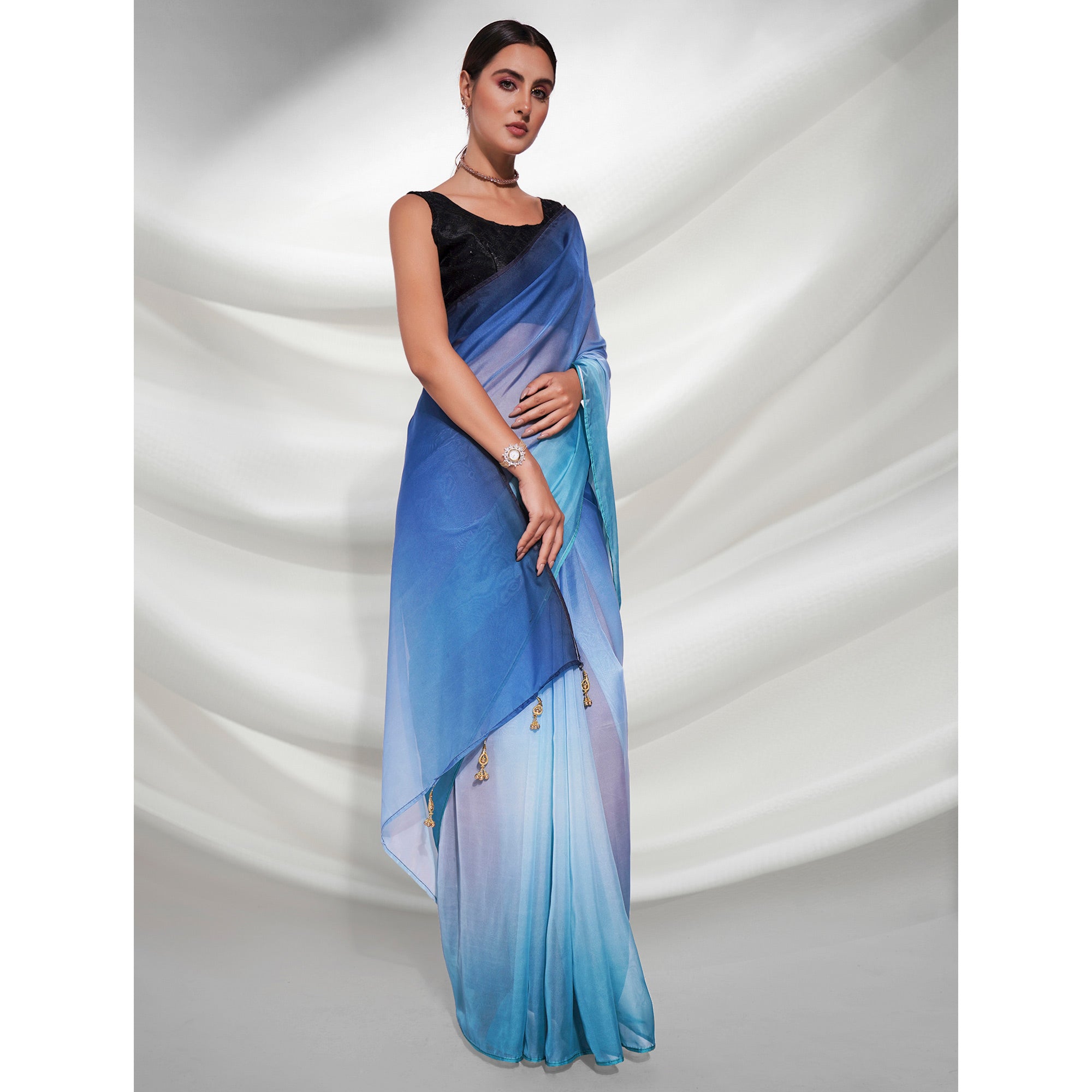 Blue Printed Organza Saree