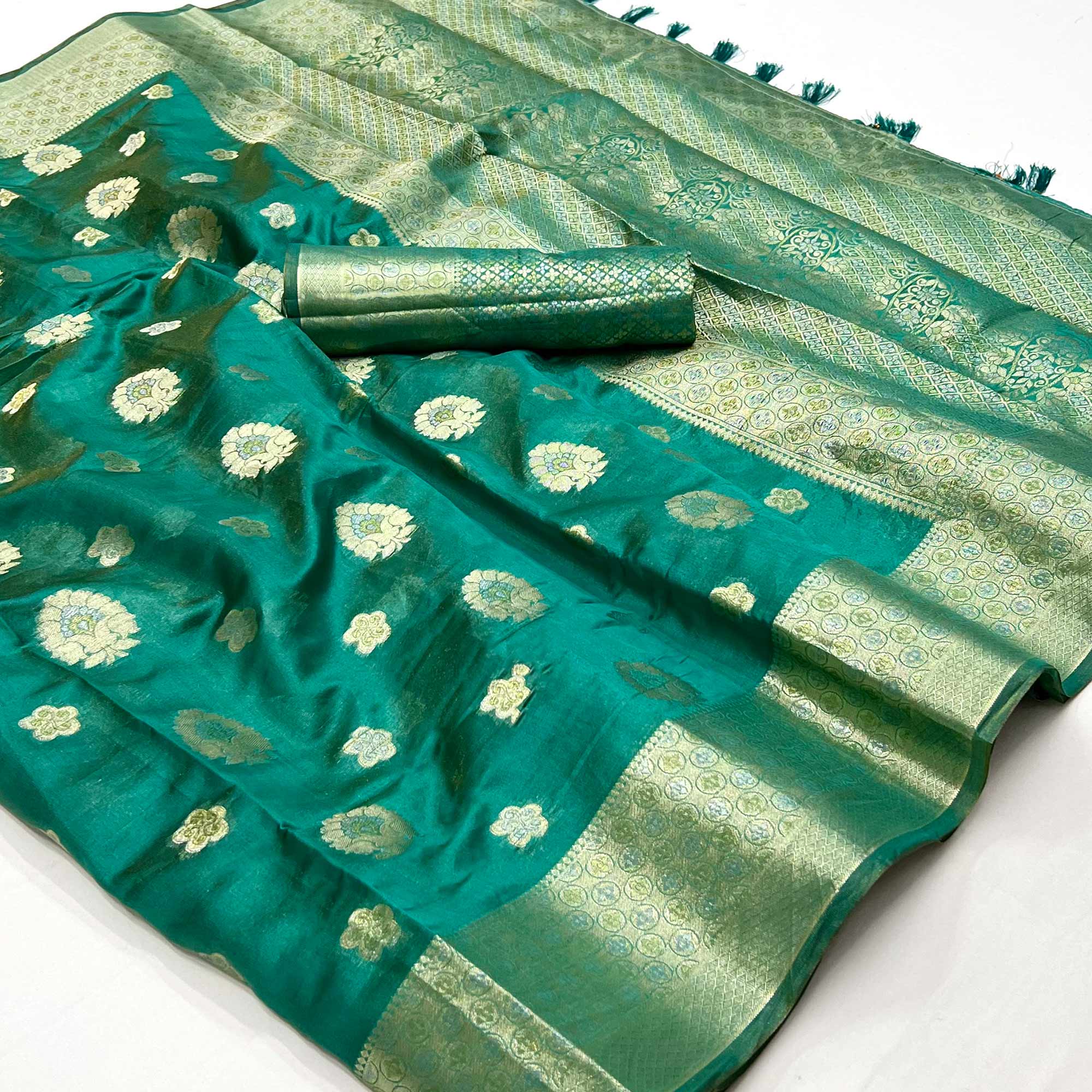 Green Floral Woven Organza Saree