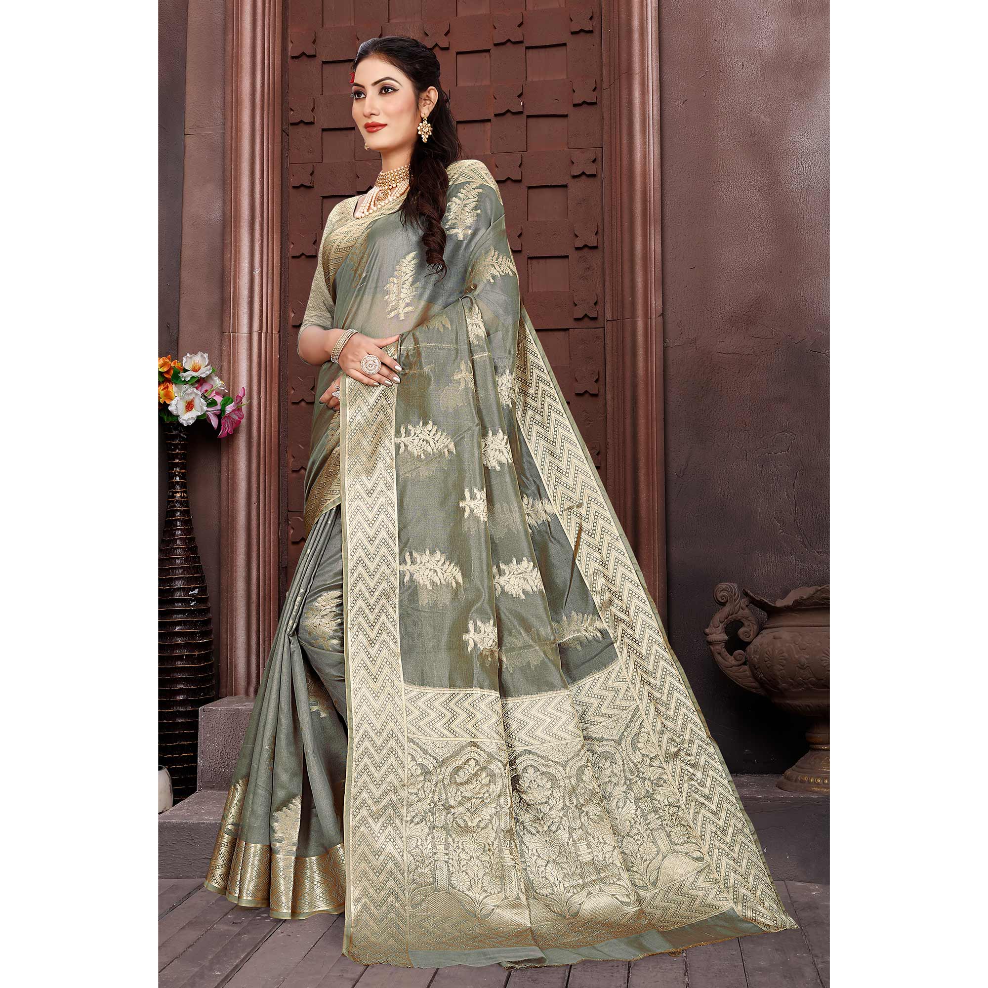 Grey Floral Woven Organza Saree