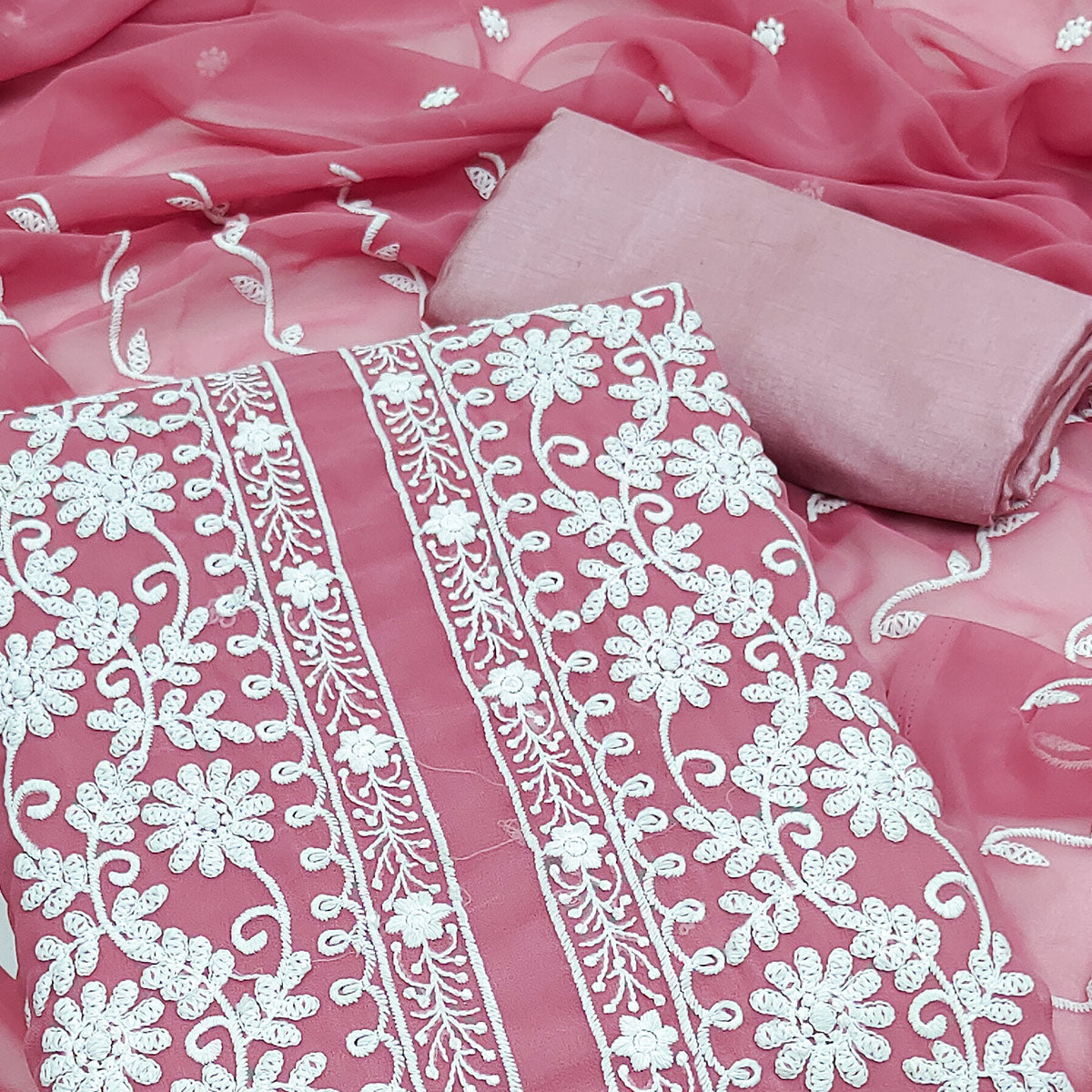 Pink Floral Embroidered Georgette Dress Material