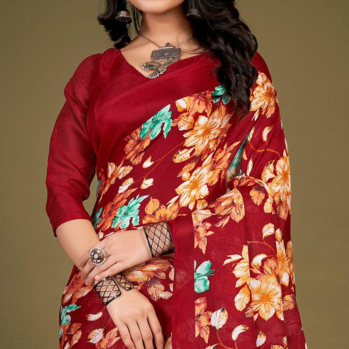 Red Floral Printed Jute Saree With Tassels