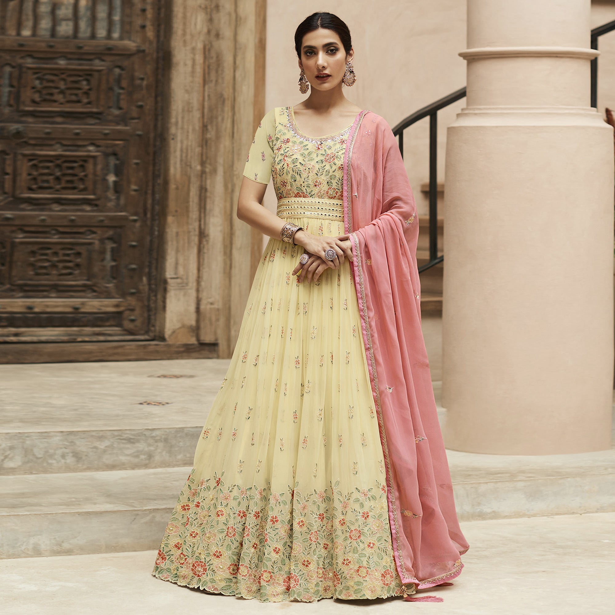 Light Yellow Sequins Floral Embroidered Georgette Semi Stitched Anarkali Suit