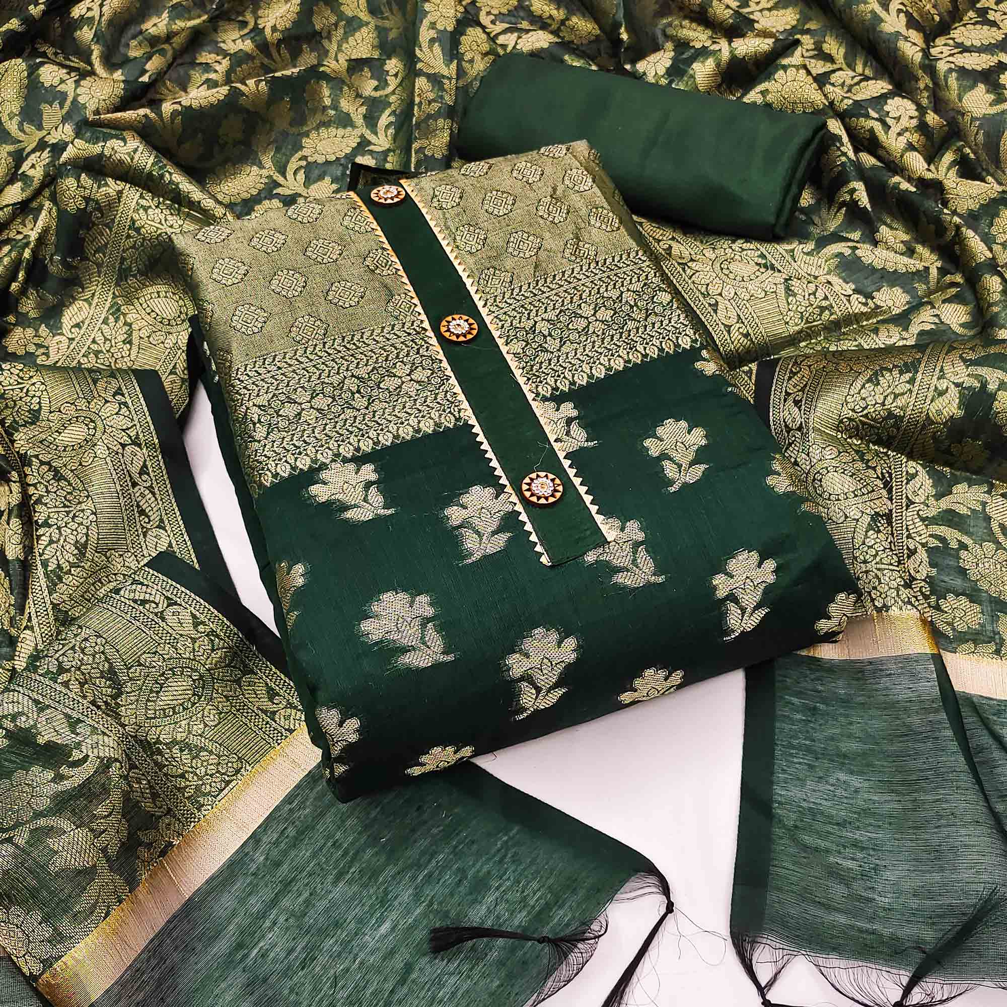 Green Floral Woven Banarasi Silk Dress Material