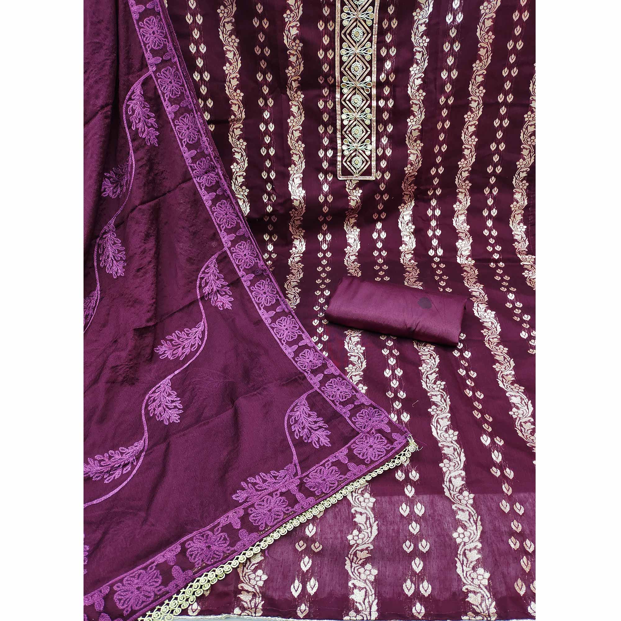 Wine Woven Banarasi Silk Dress Material