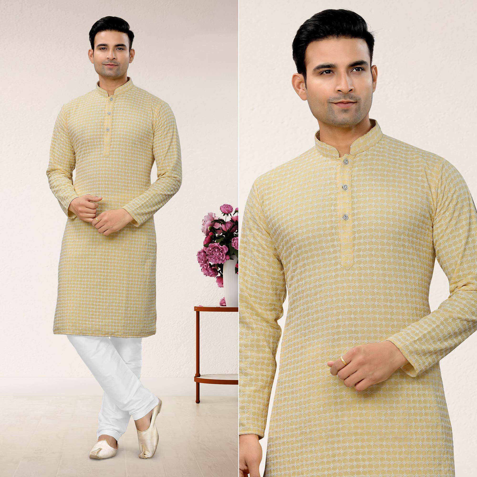Yellow Lucknowi Embroidered Georgette Kurta Pyjama Set