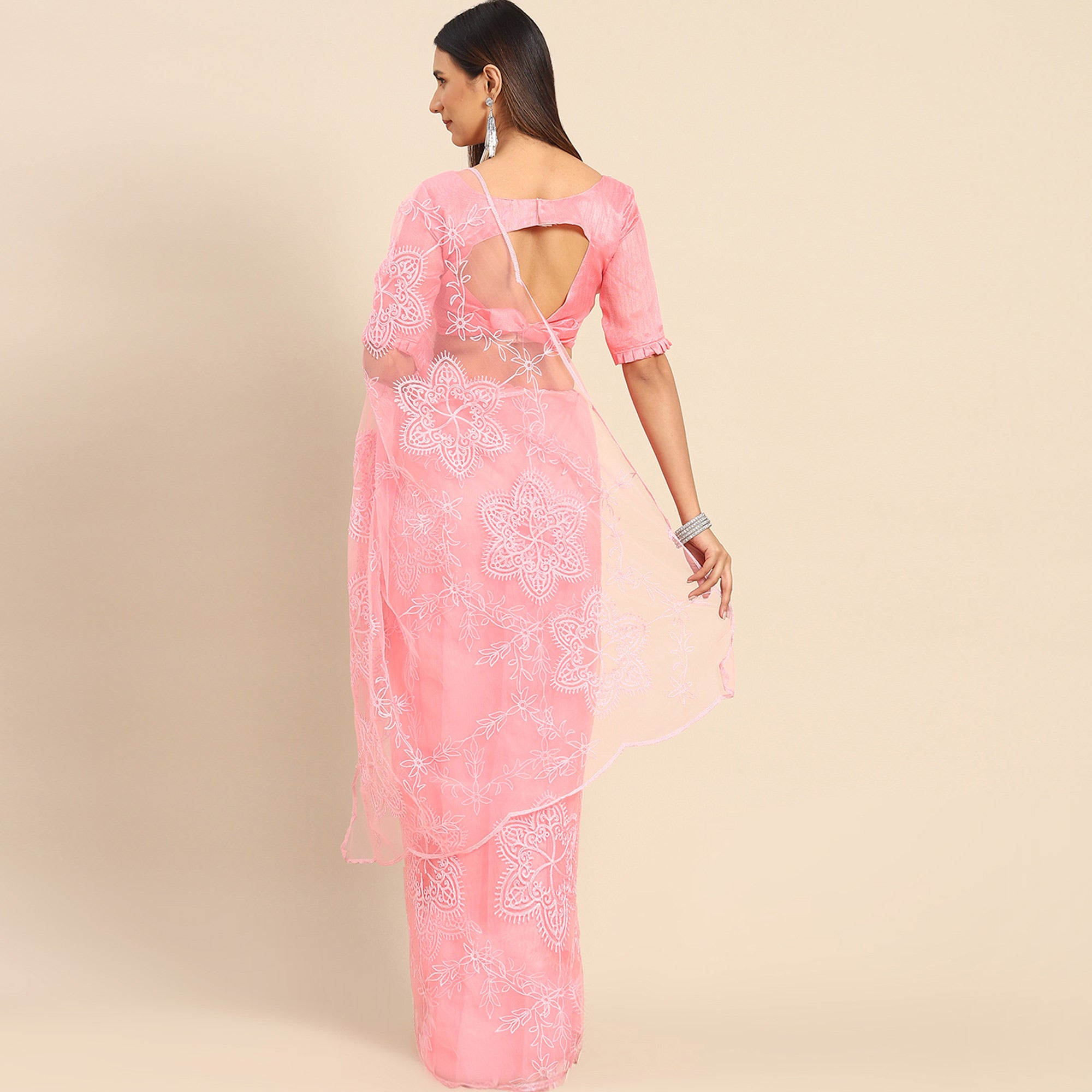 Pink Floral Embroidered Net Saree