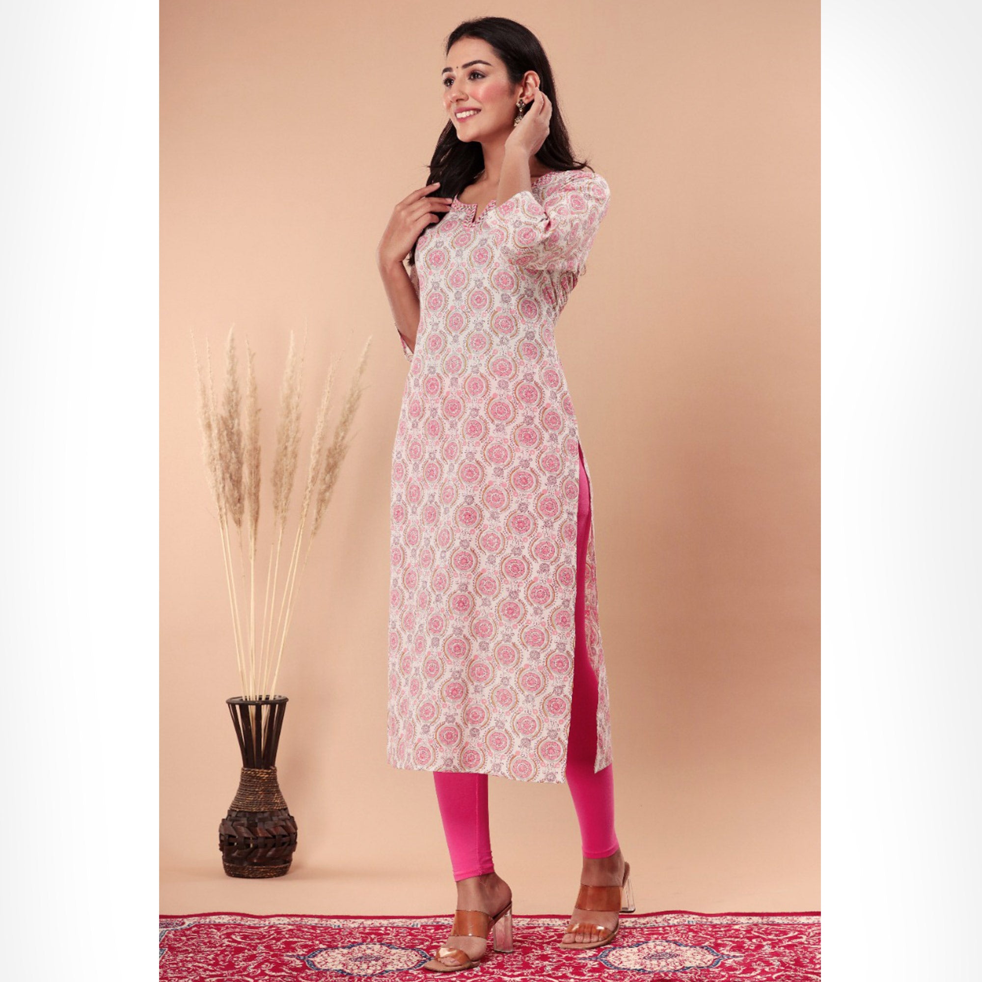 Pink Floral Printed Pure Cotton Kurti