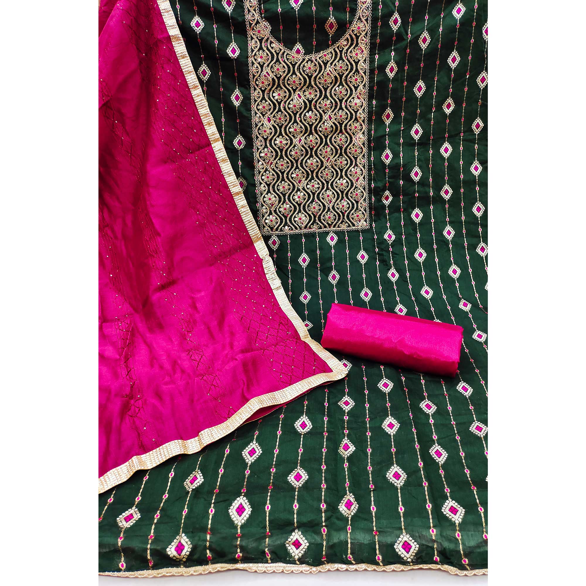 Green Woven With Embroidered Modal Dress Material