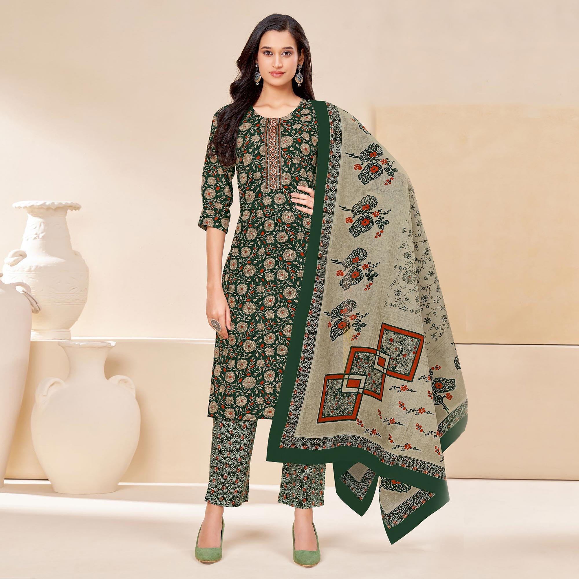 Green Printed With Tie Embroidered Pure Cotton Suit