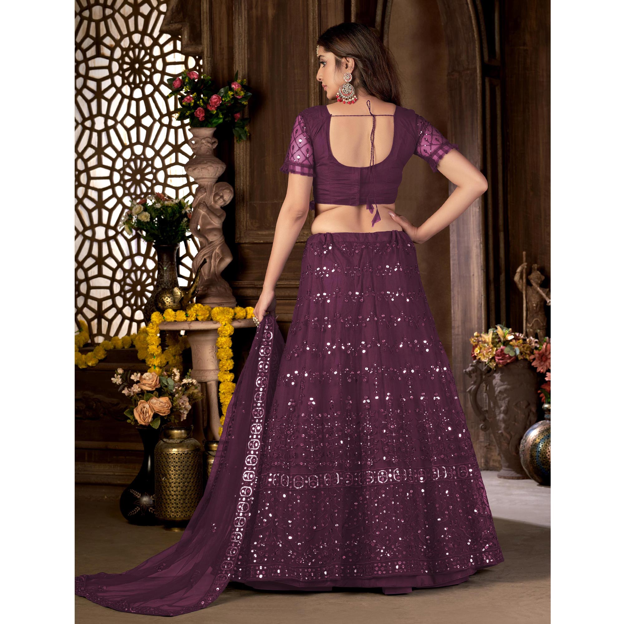 Wine Sequins Embroidered Netted Lehenga Choli